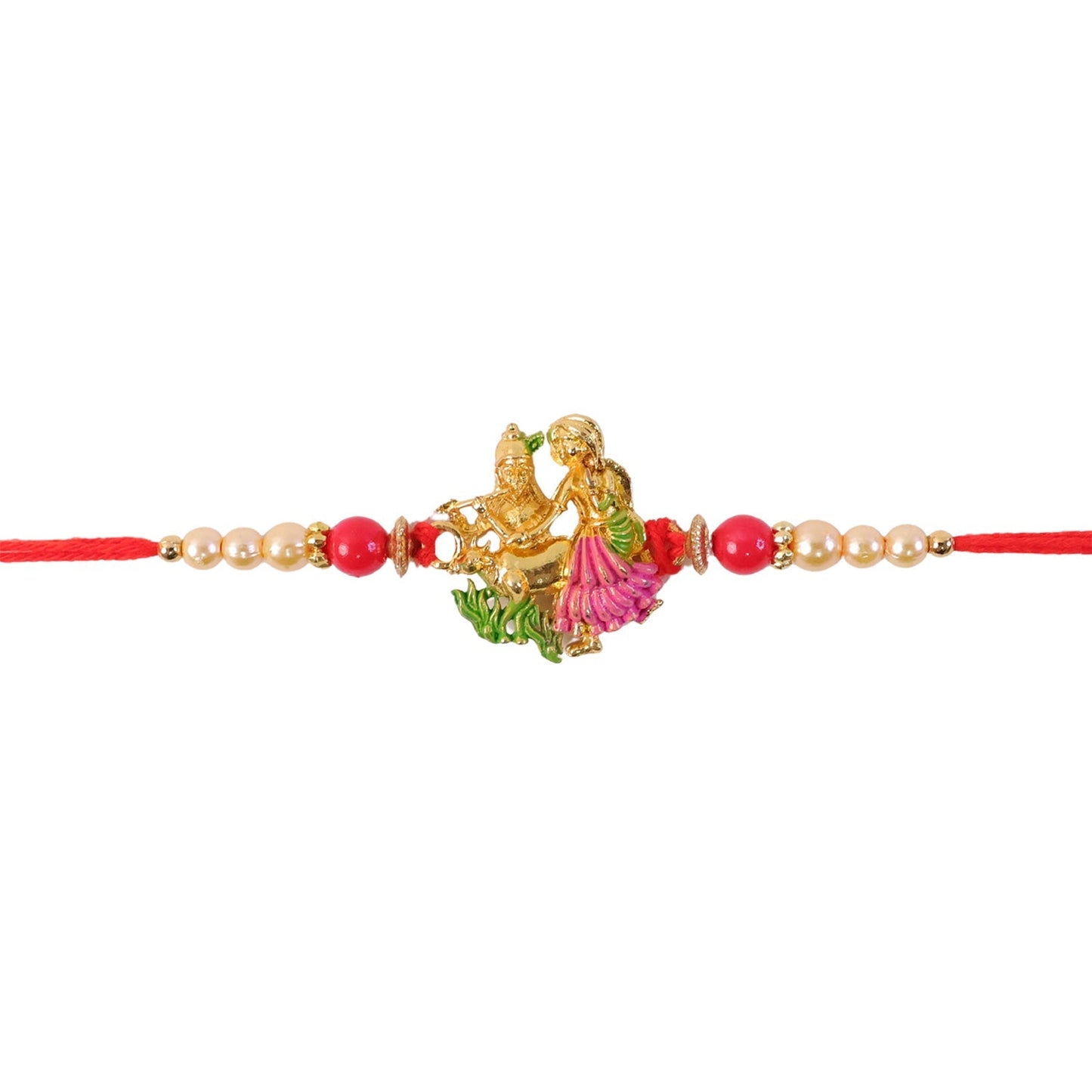 Back view of gold-tone Radha Krishna rakhi with detailed design