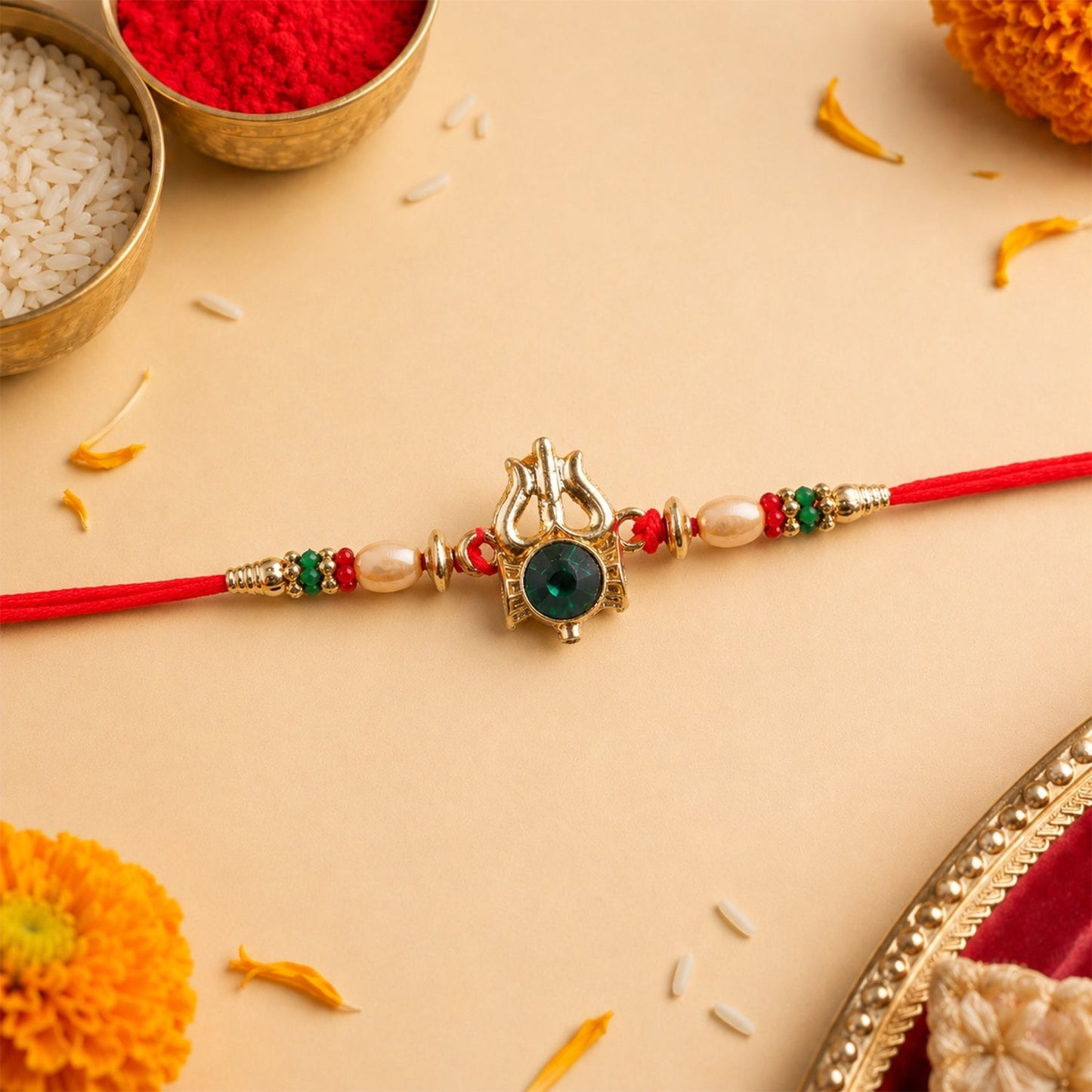 Close-up of intricate Rakhi design with stones and vibrant colors