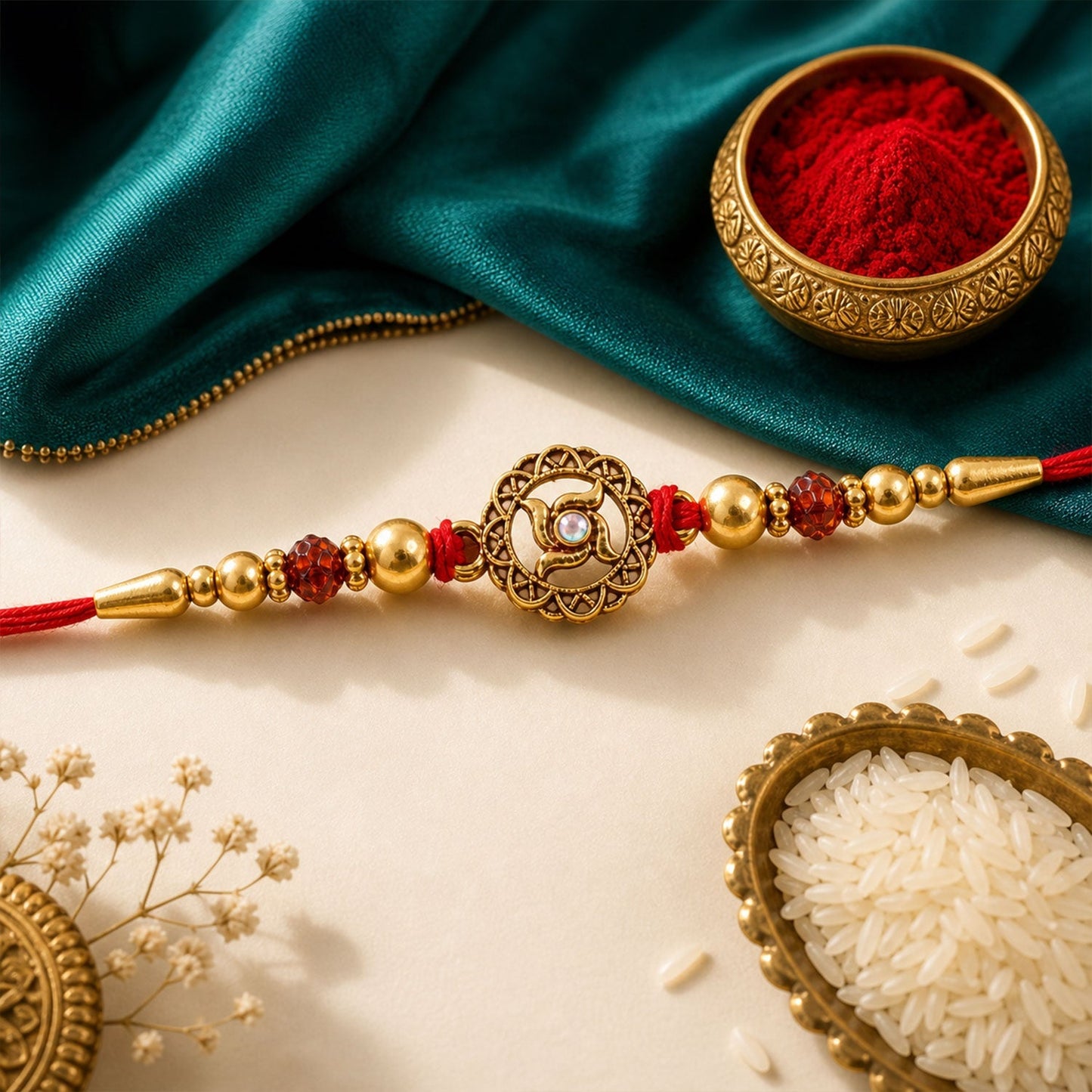 Close-up of Golden Swastik charm on Rakhi
