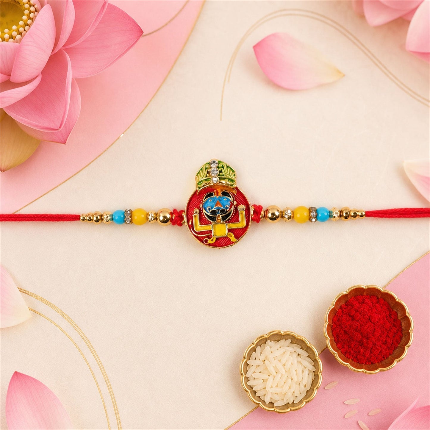 Close-up of colourful enamel kid's Rakhi with cartoon theme