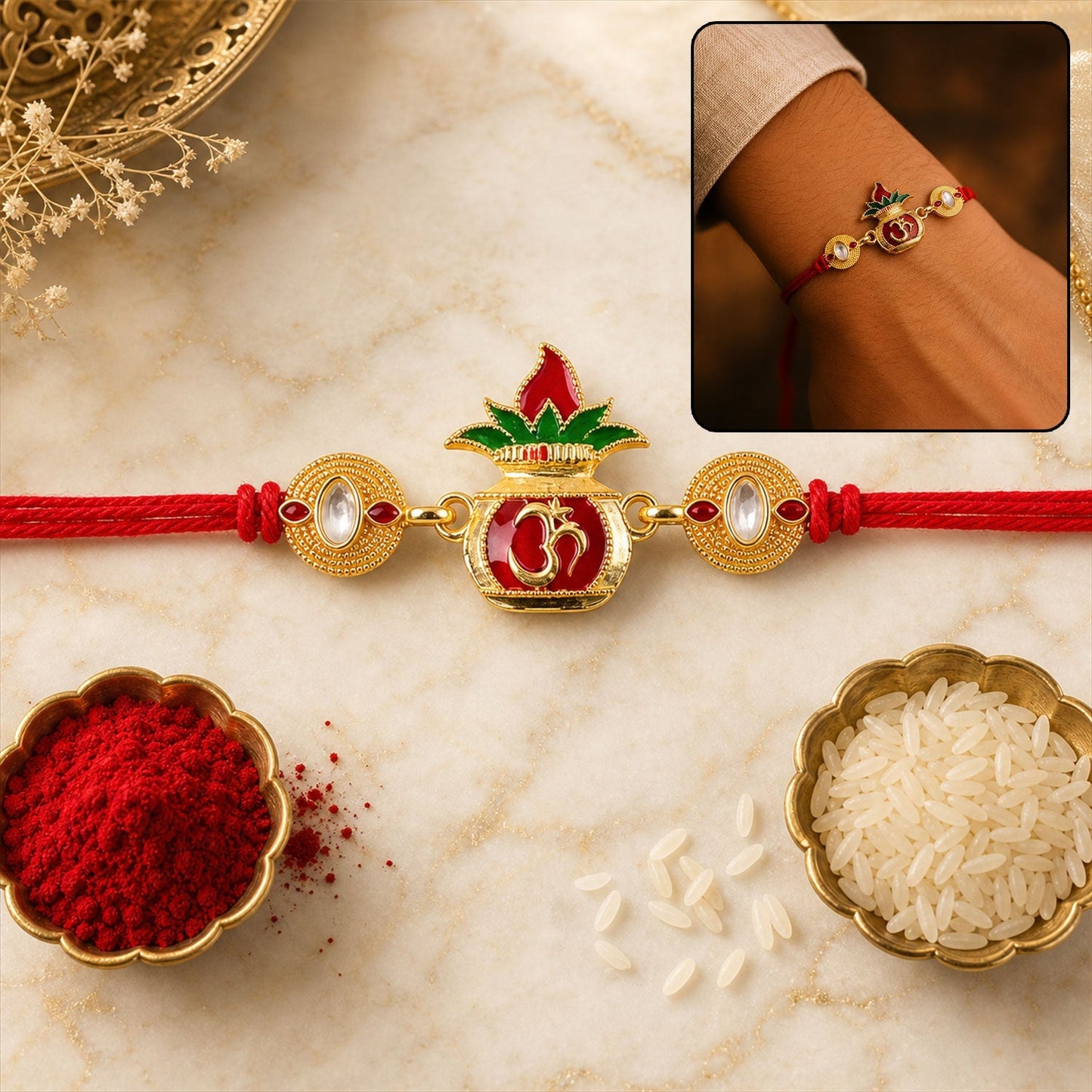 Om Lotus red and green enamel Rakhi with gold-tone finish for Rakshabandhan