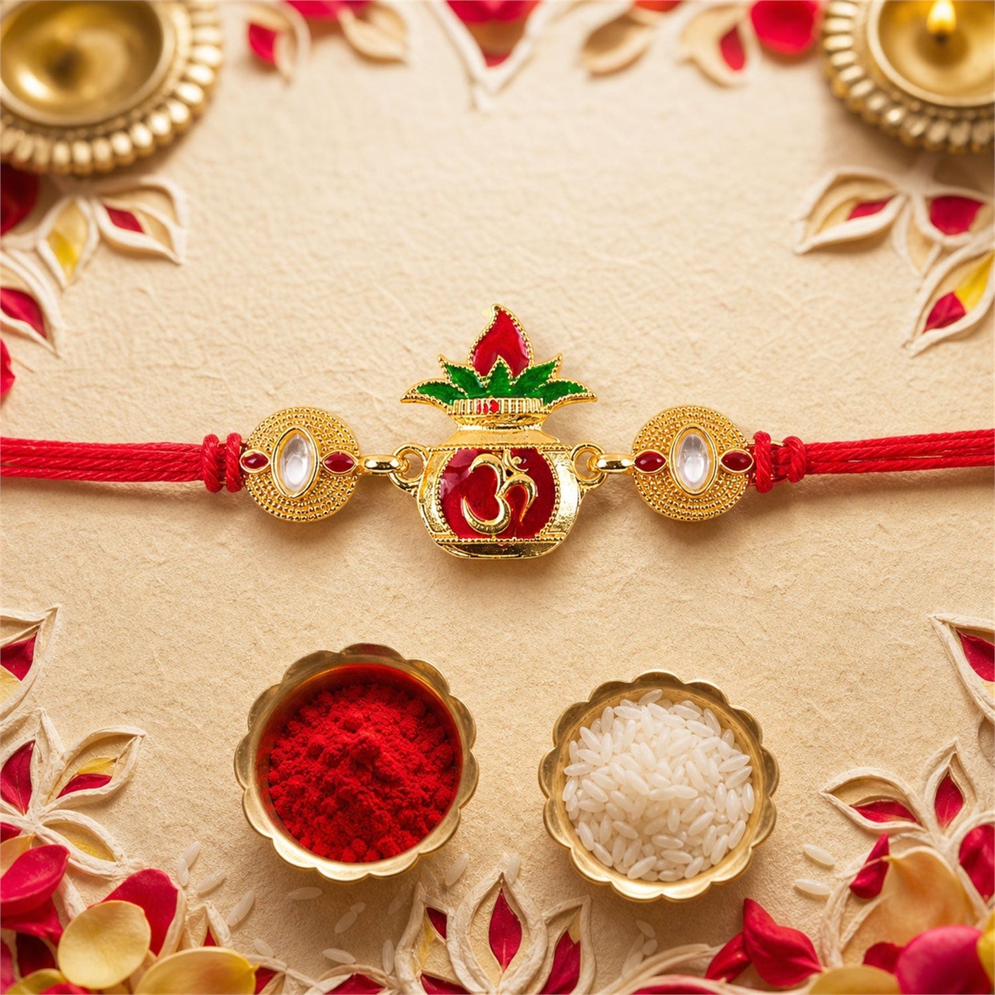 Elegant traditional Rakhi with Om Lotus motif and shiny gold-tone accents