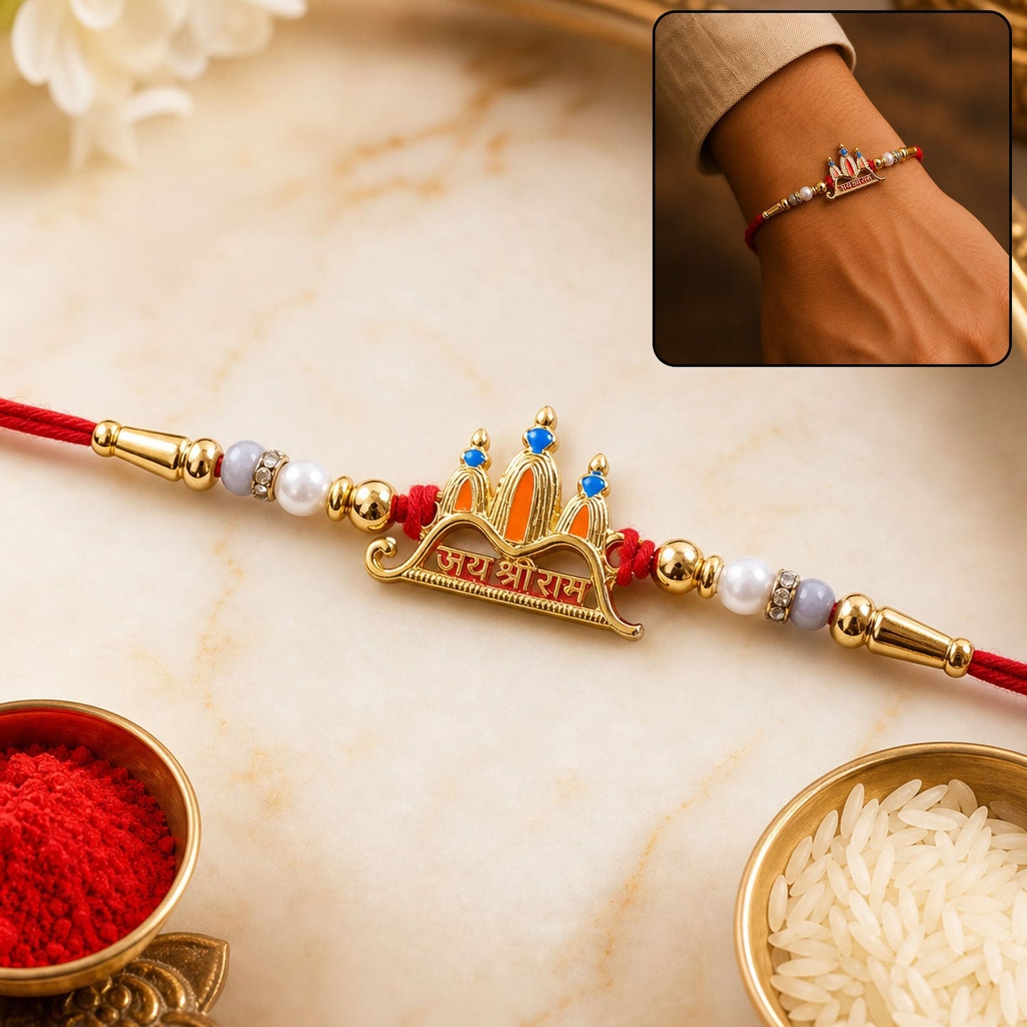 Vibrant multicolor enamel Ram Mandir motif on traditional Rakhi for brothers