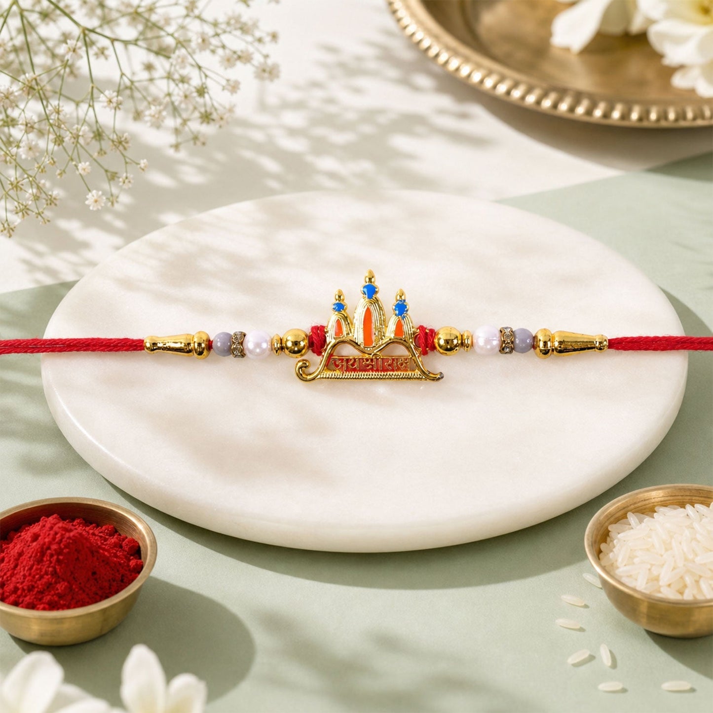 Stylish Ram Mandir multicolor enamel rakhi with traditional design