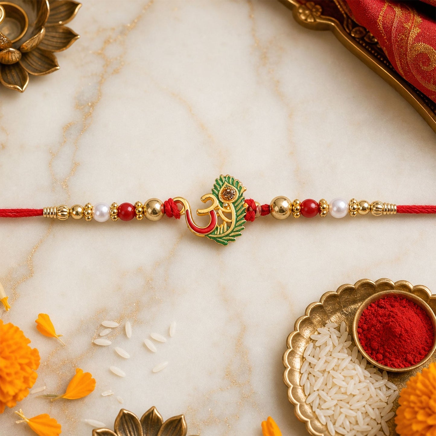Stylish Om Peacock Feather Green Enamel Rakhi on display