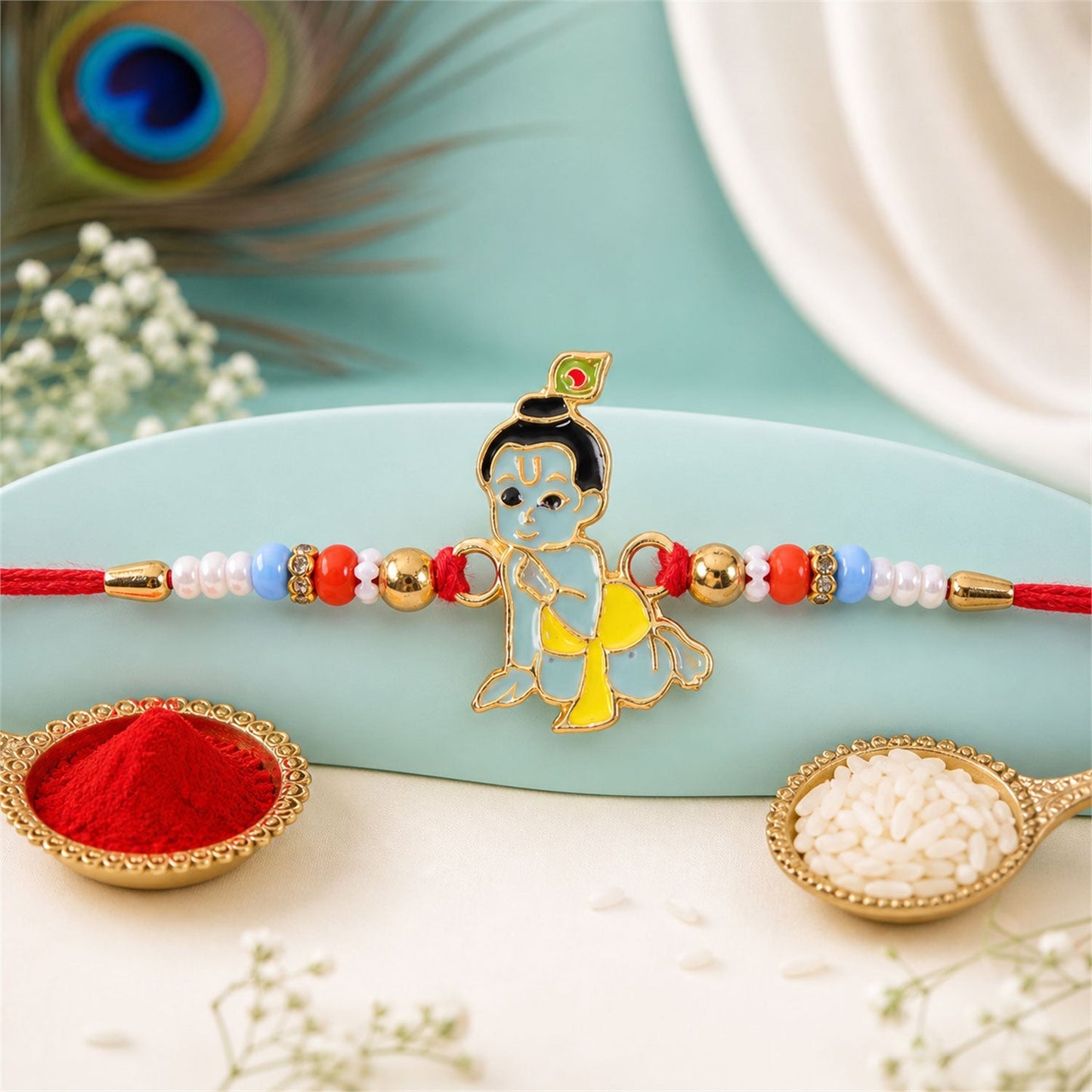 Decorative Lord Krishna Rakhi with colorful bead accents