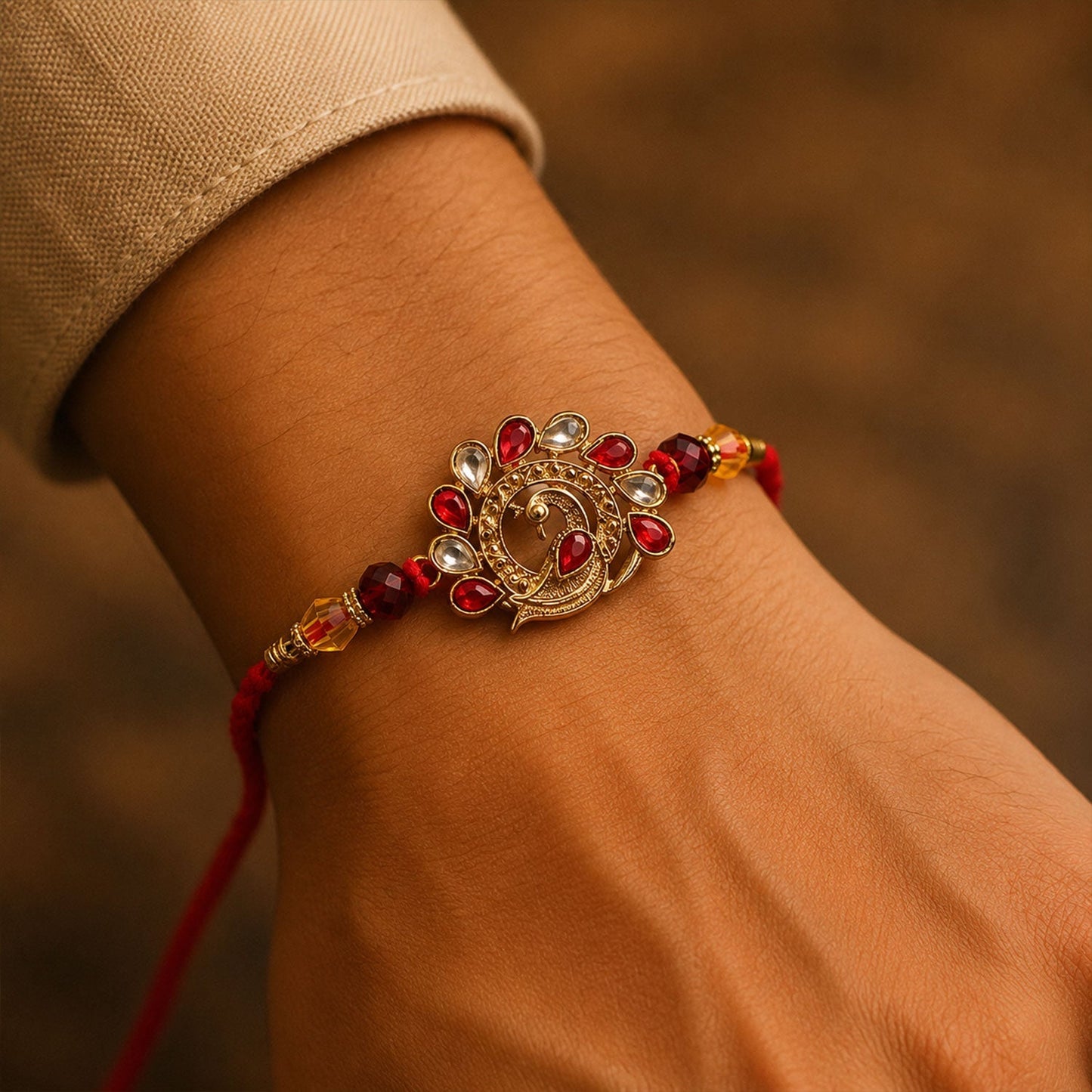 Colorful Peacock Rakhi with intricate detailing and red embellishments, ideal for brotherhood festival.