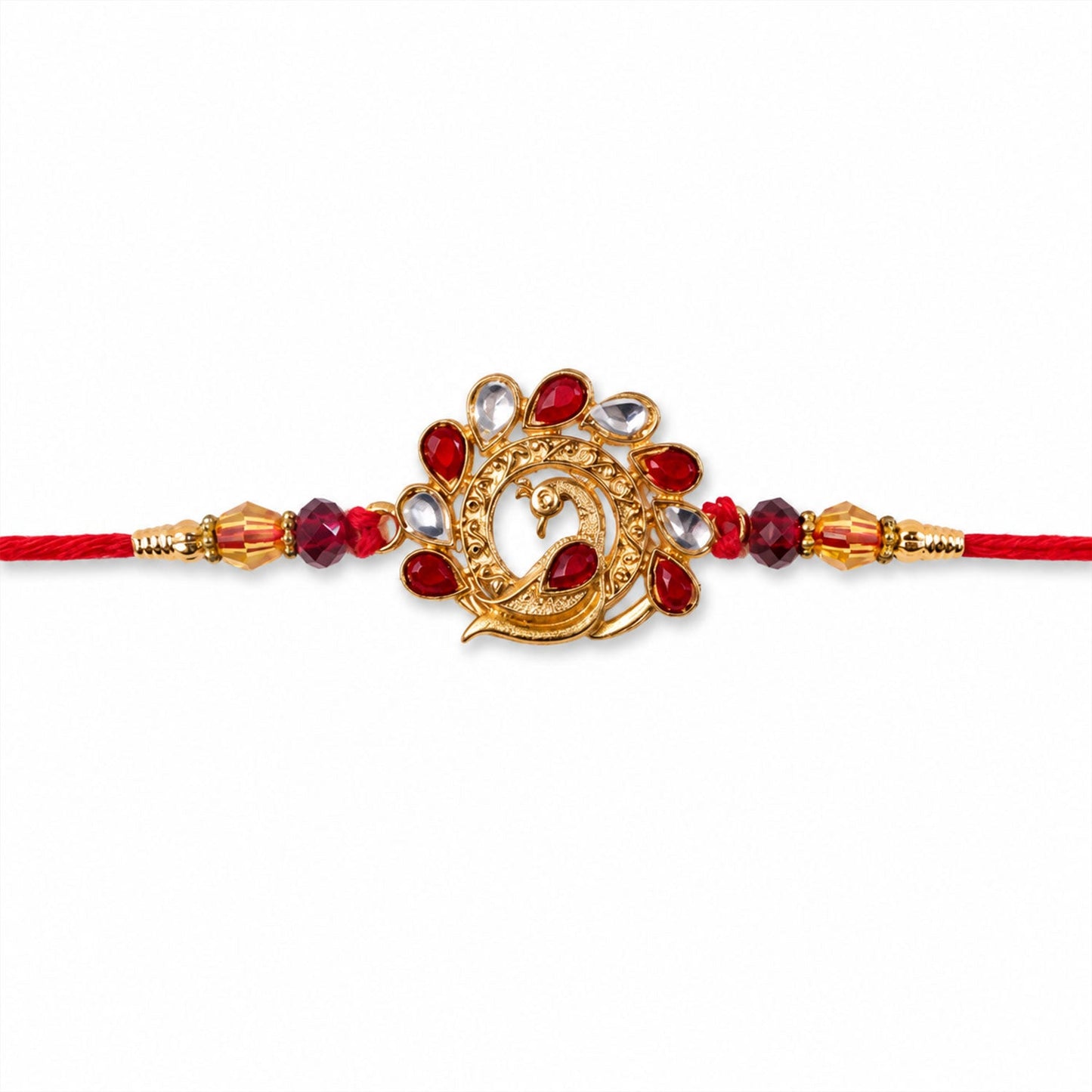 Detailed Peacock Rakhi with red stones and intricate designs, perfect for Rakhi gifting.