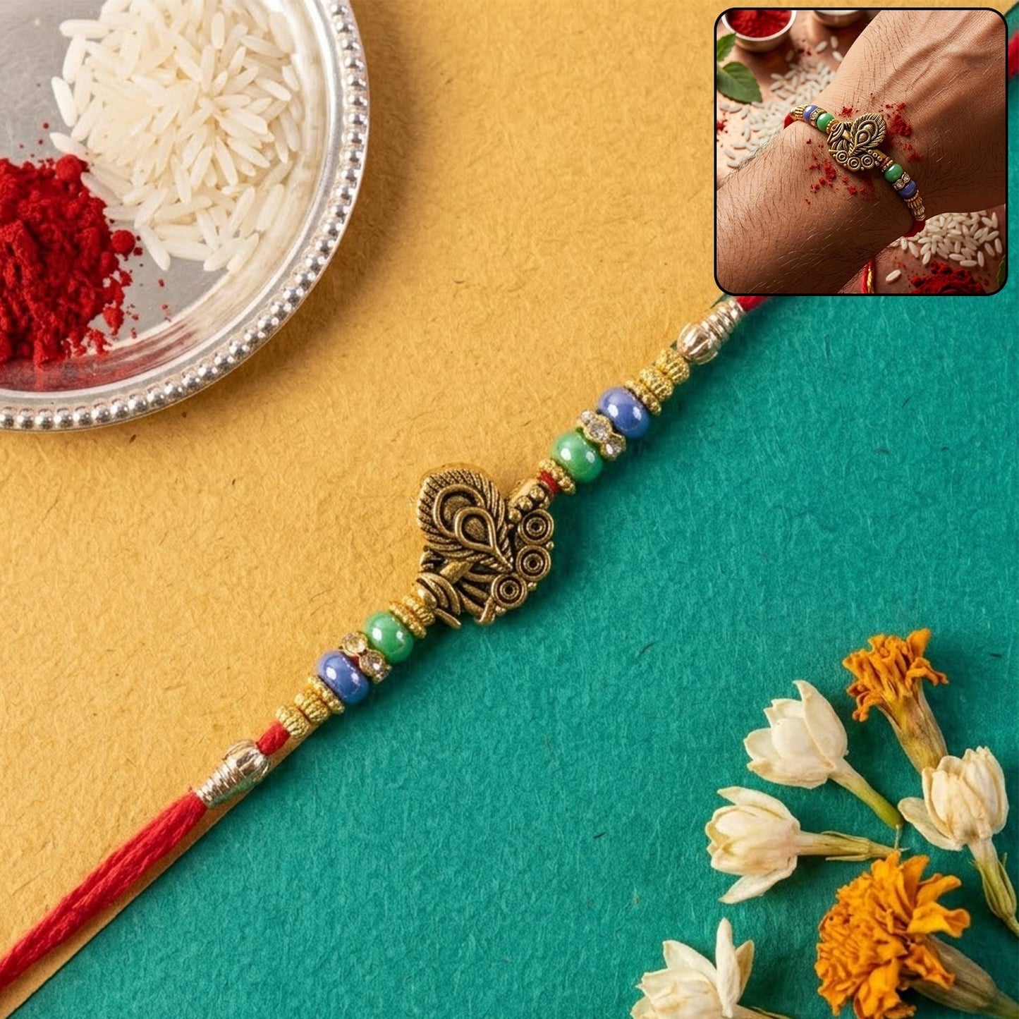 Antique oxidized golden peacock design rakhi with intricate details