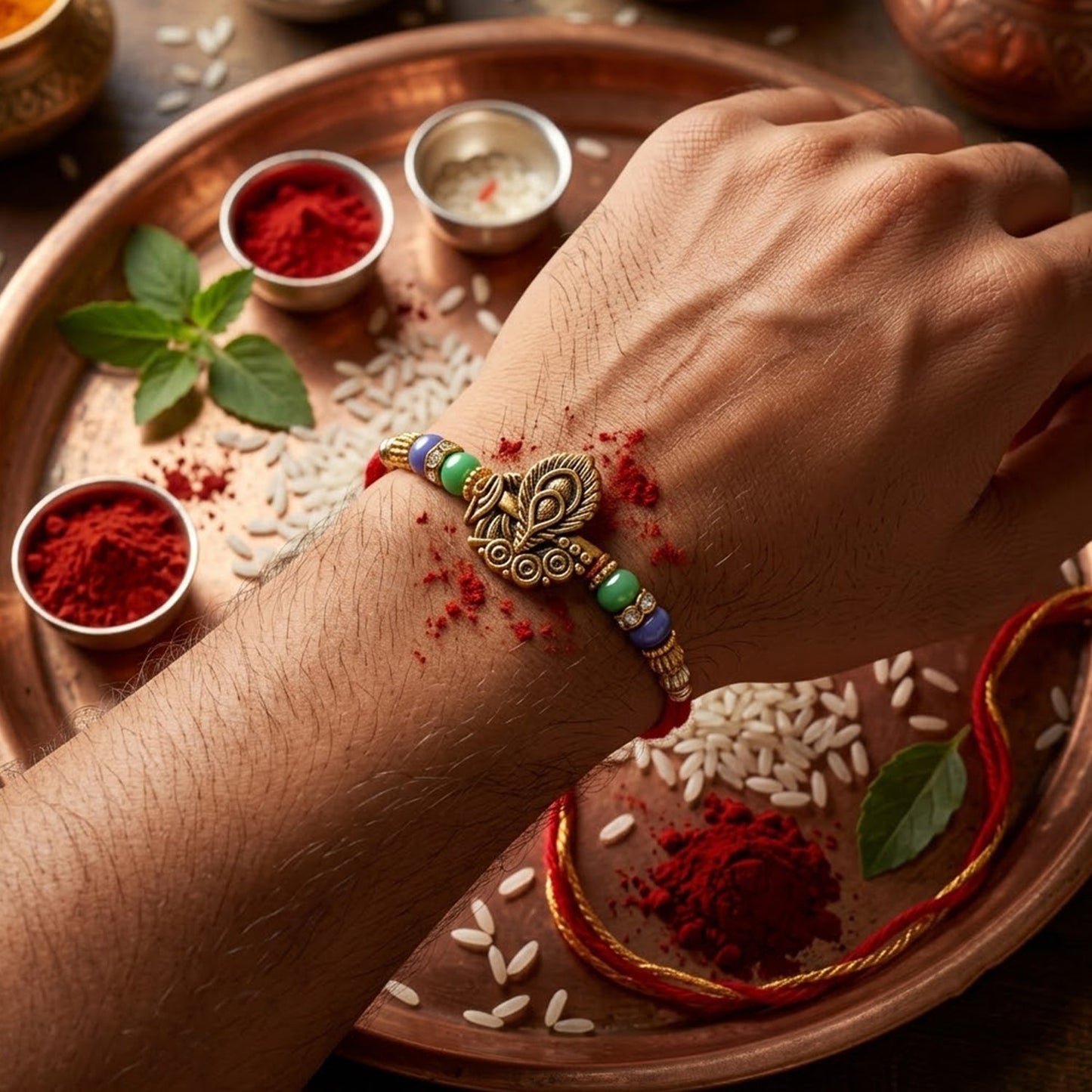 Festive setting with antique oxidized peacock rakhi