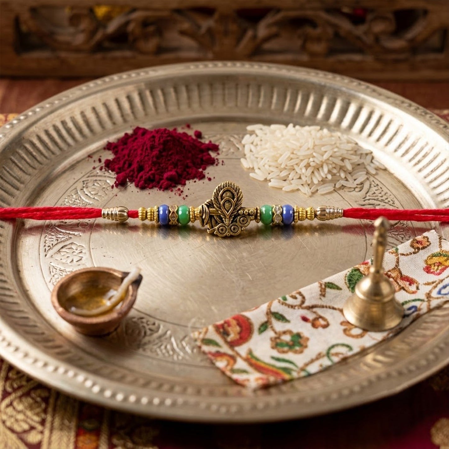 Close-up of golden peacock design on oxidized rakhi