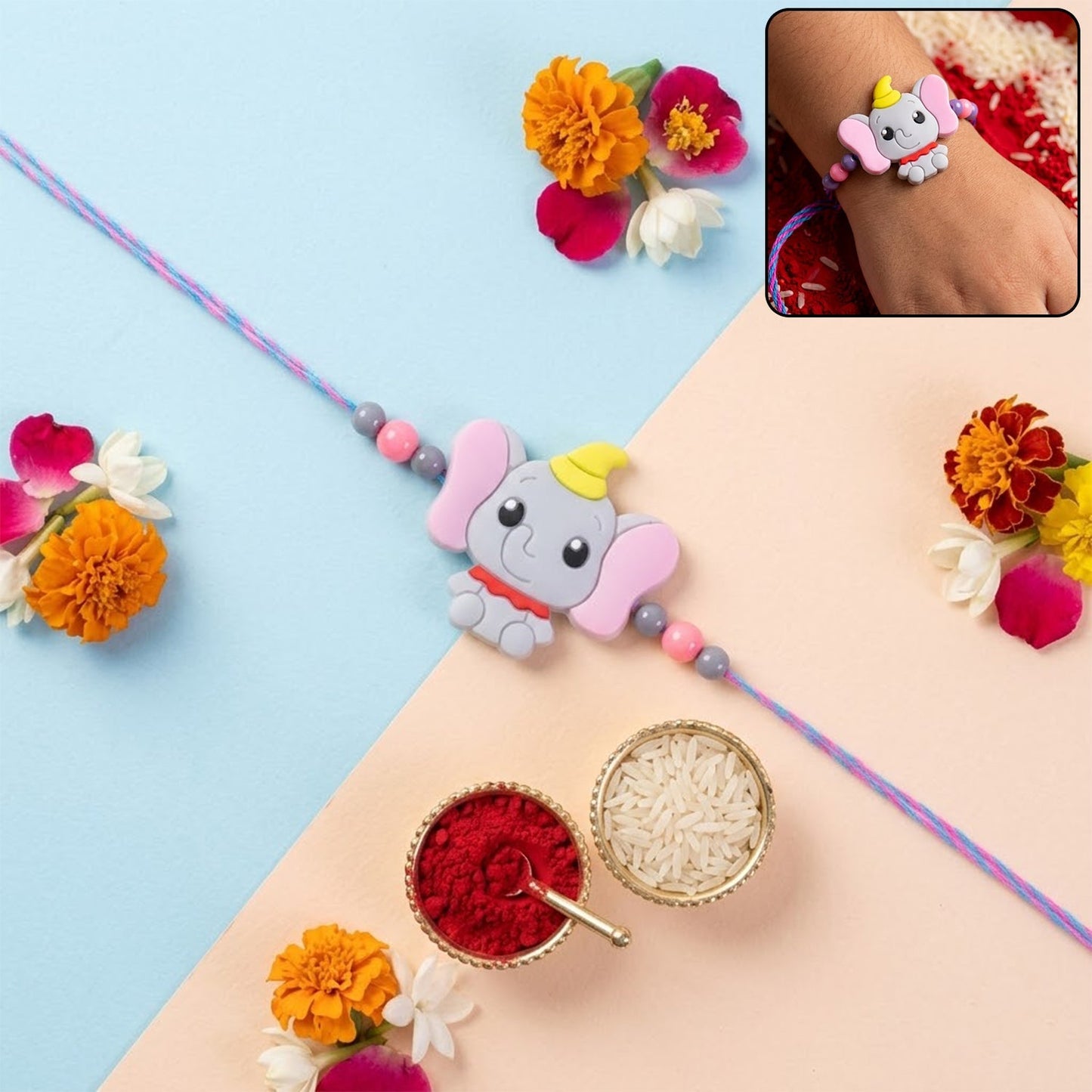 Front view of cute cartoon elephant kids rakhi with vibrant colors
