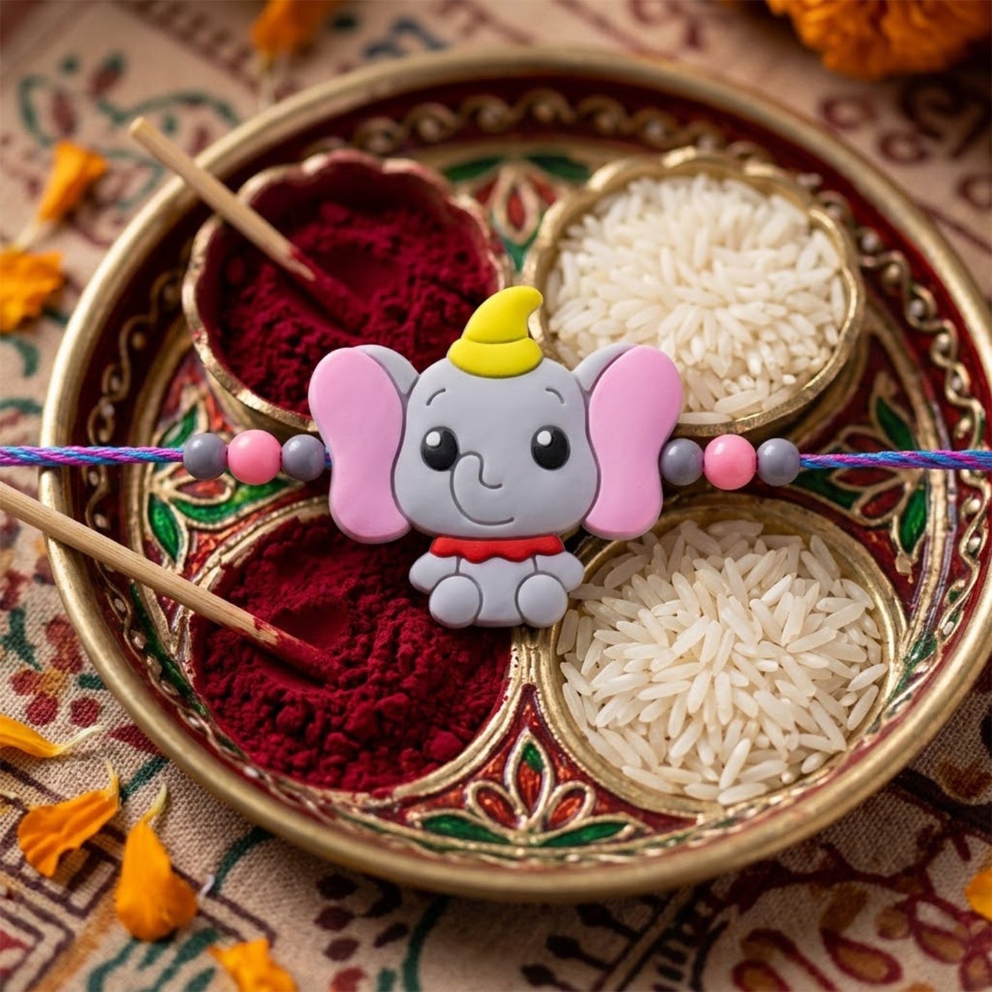 Close-up of cartoon elephant rakhi for brother