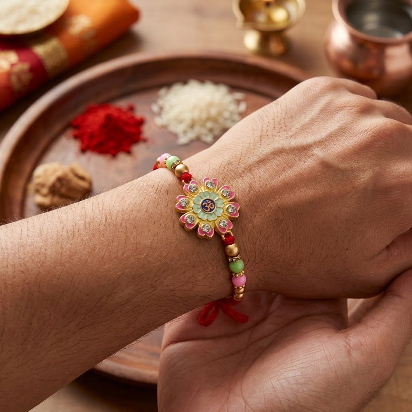 Close-up of floral and Om design on Meenakari Rakhi