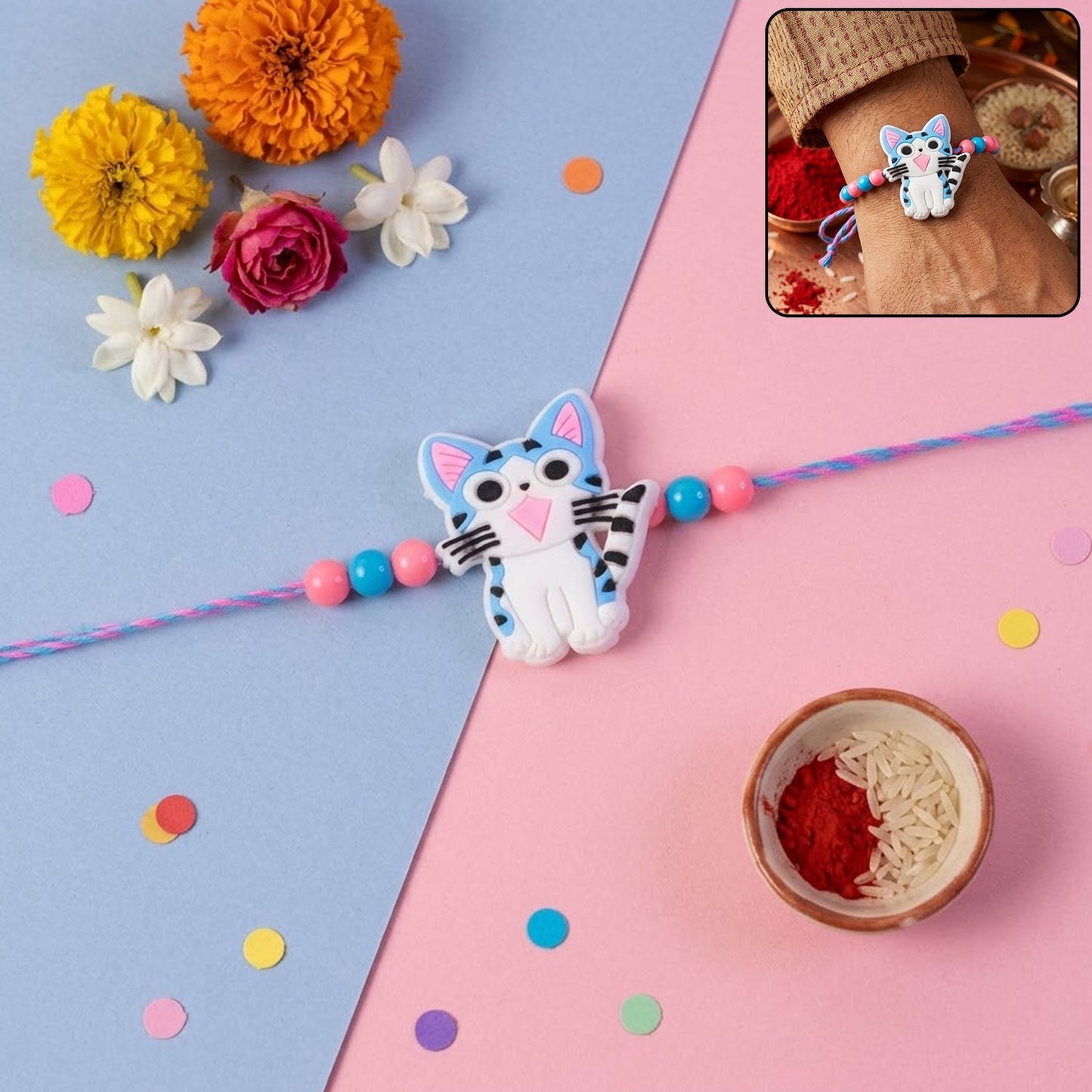 Cute cartoon kitty cat rakhi with colorful thread on white background