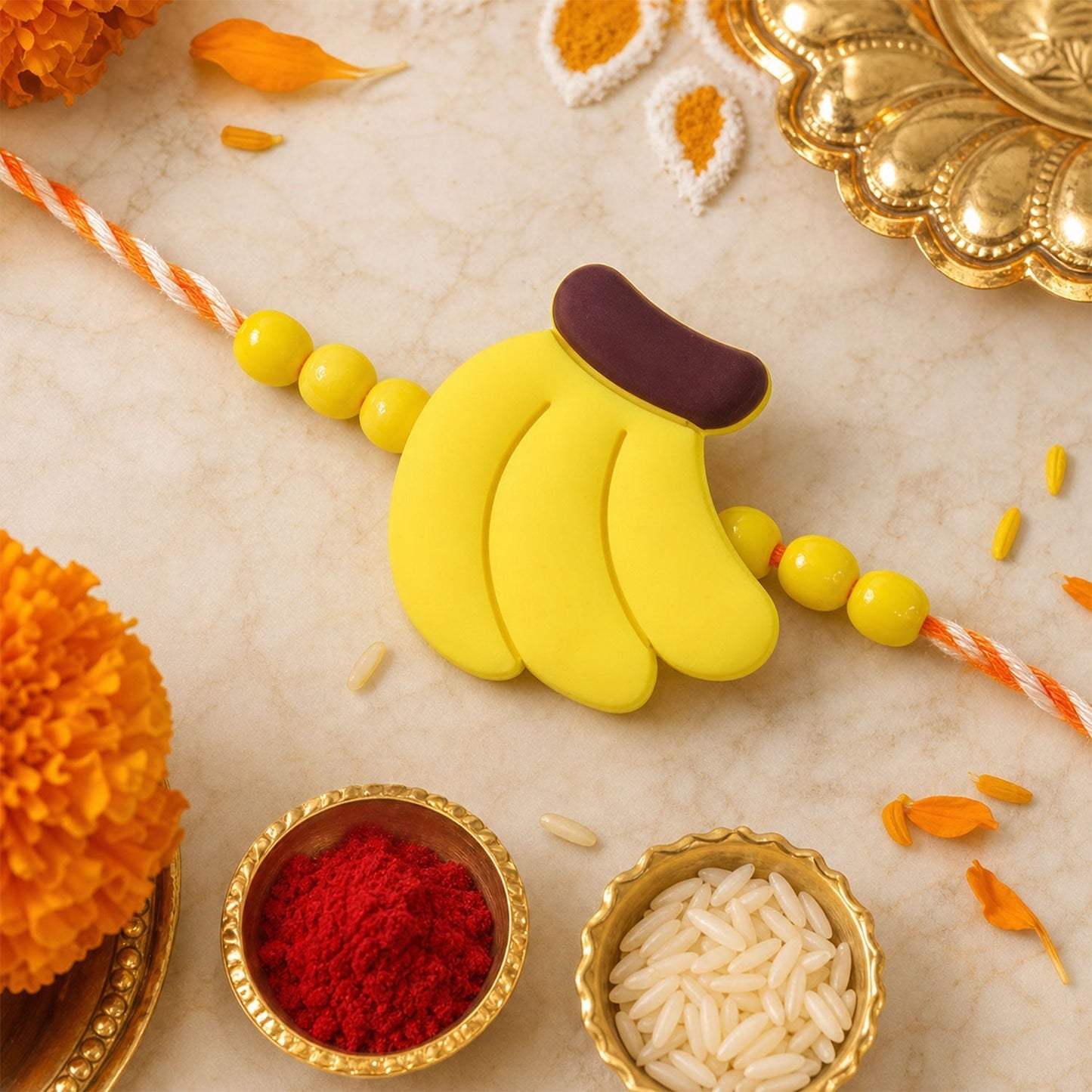 Yellow banana Rakhi with red thread for children