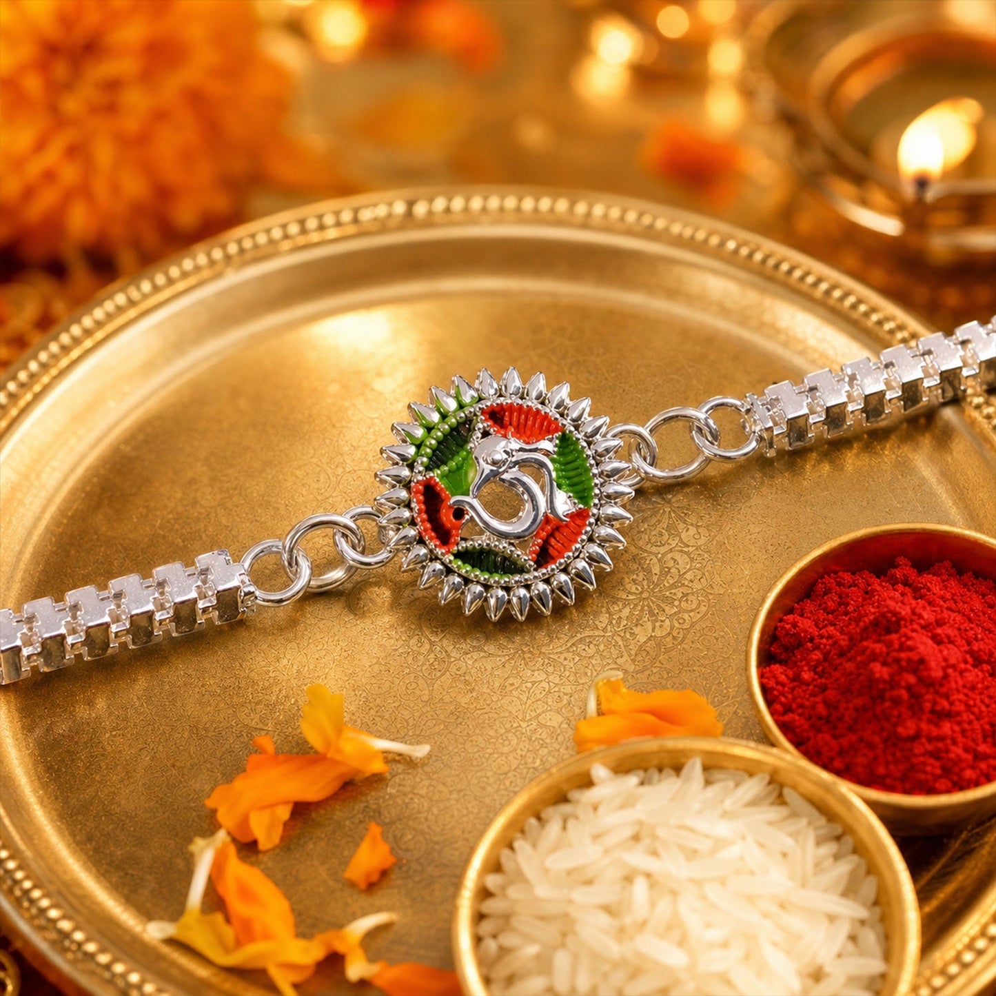 Traditional Silver Oxidized Rakhi on brother’s wrist with Om symbol