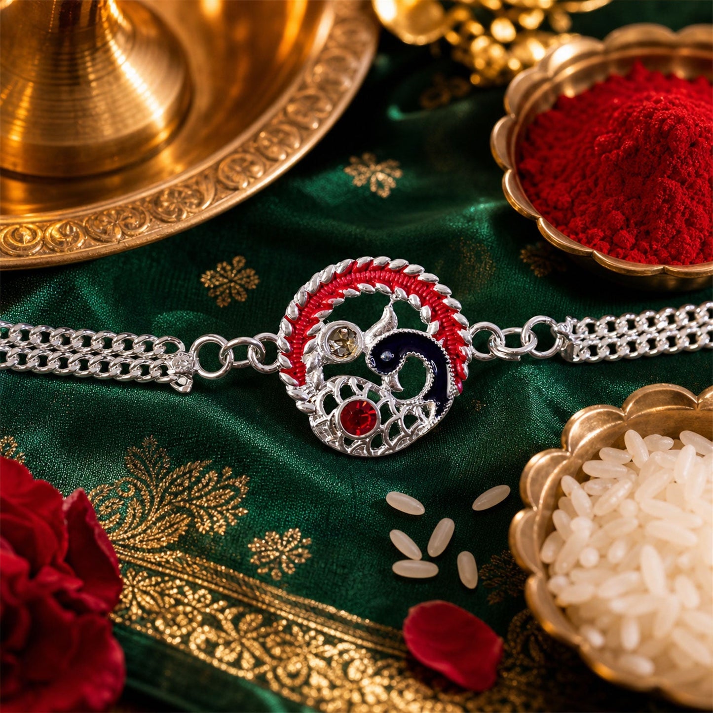 Top-down view of Silver Designer Peacock Rakhi, ready for Raksha Bandhan celebrating brotherhood