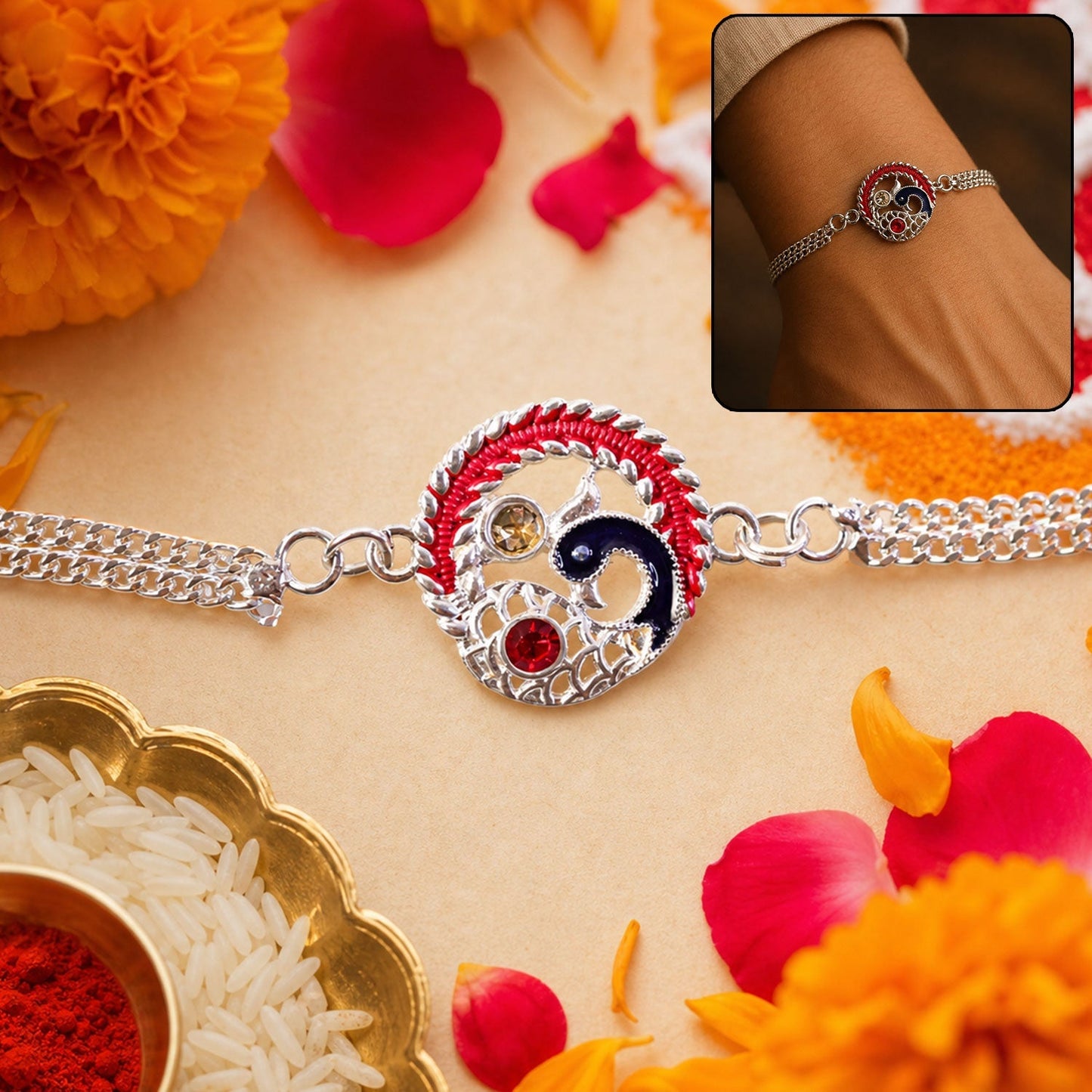Close-up of Designer Peacock Rakhi with intricate silver details, ideal for Raksha Bandhan