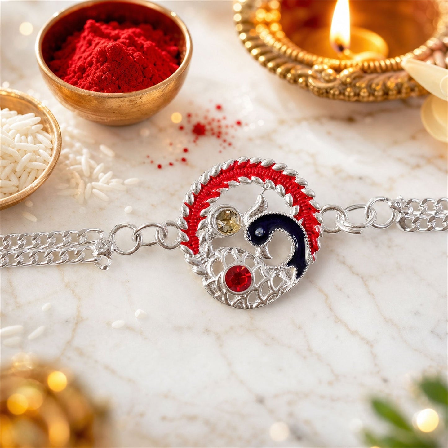 Side view of Peacock Rakhi highlighting the thread and decorative embellishments