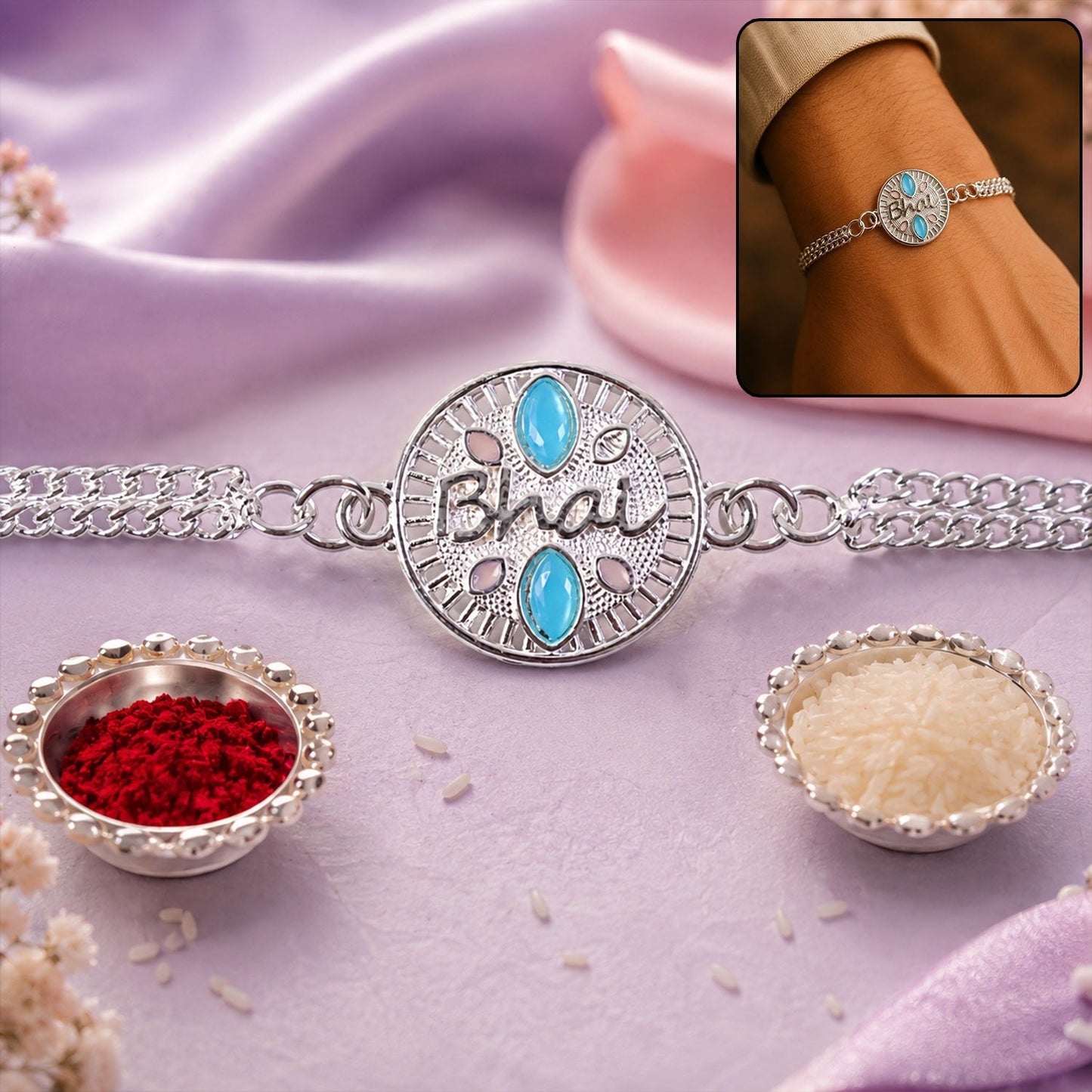 Elegant silver chain floral rakhi on brother’s wrist