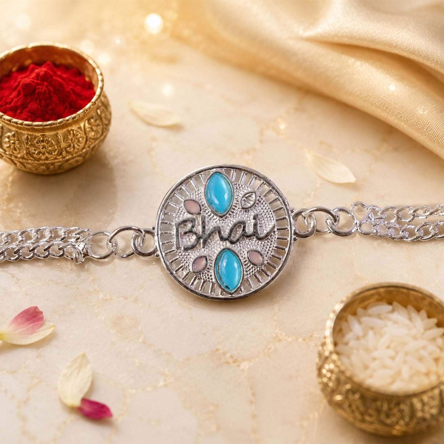 Close-up of silver chain floral rakhi held in hand