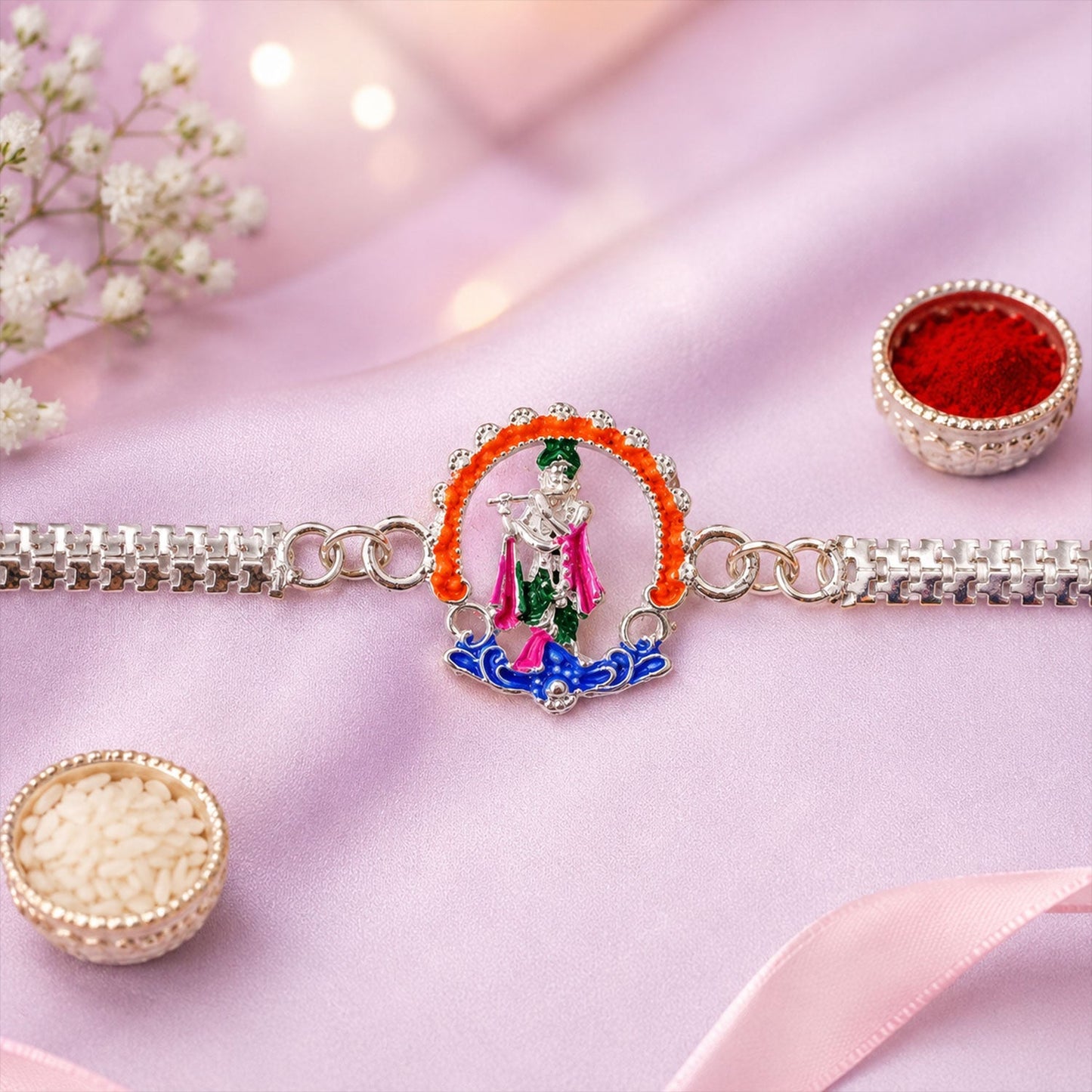 Detailed view of Silver Krishna Rakhi with linked chain