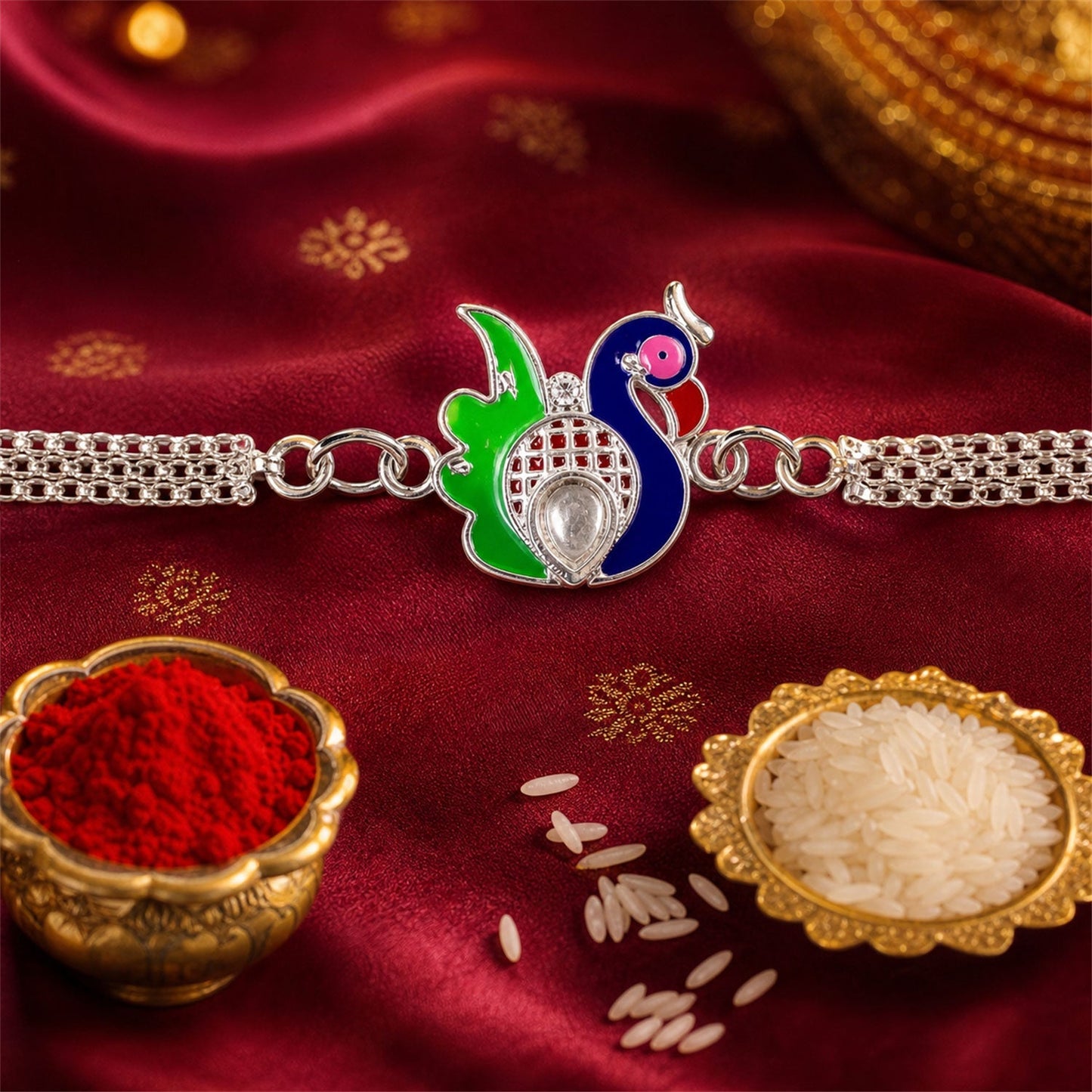 Top-down view of Silver Peacock Meenakari Rakhi