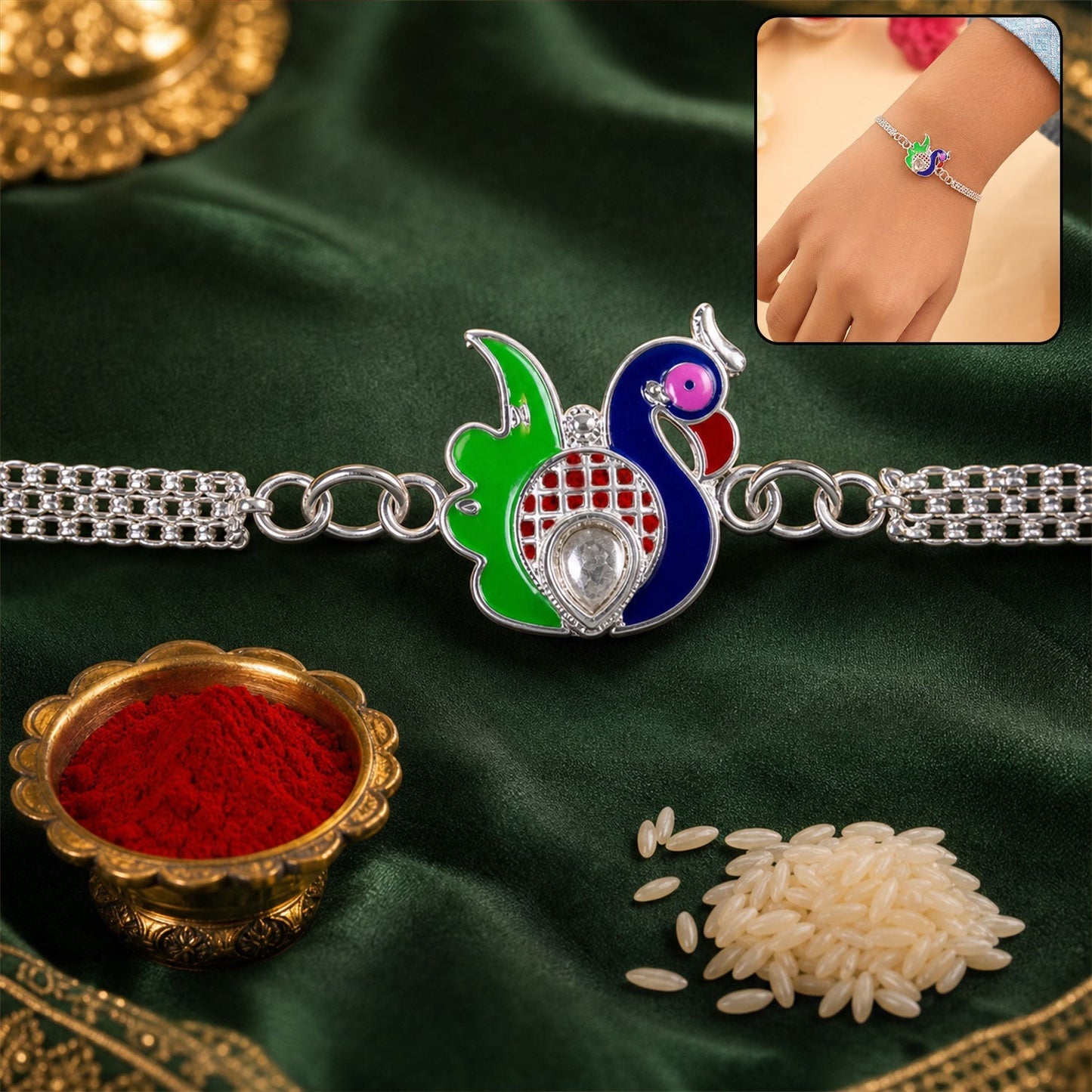 Front view of Silver Peacock Meenakari Chain Rakhi with intricate design