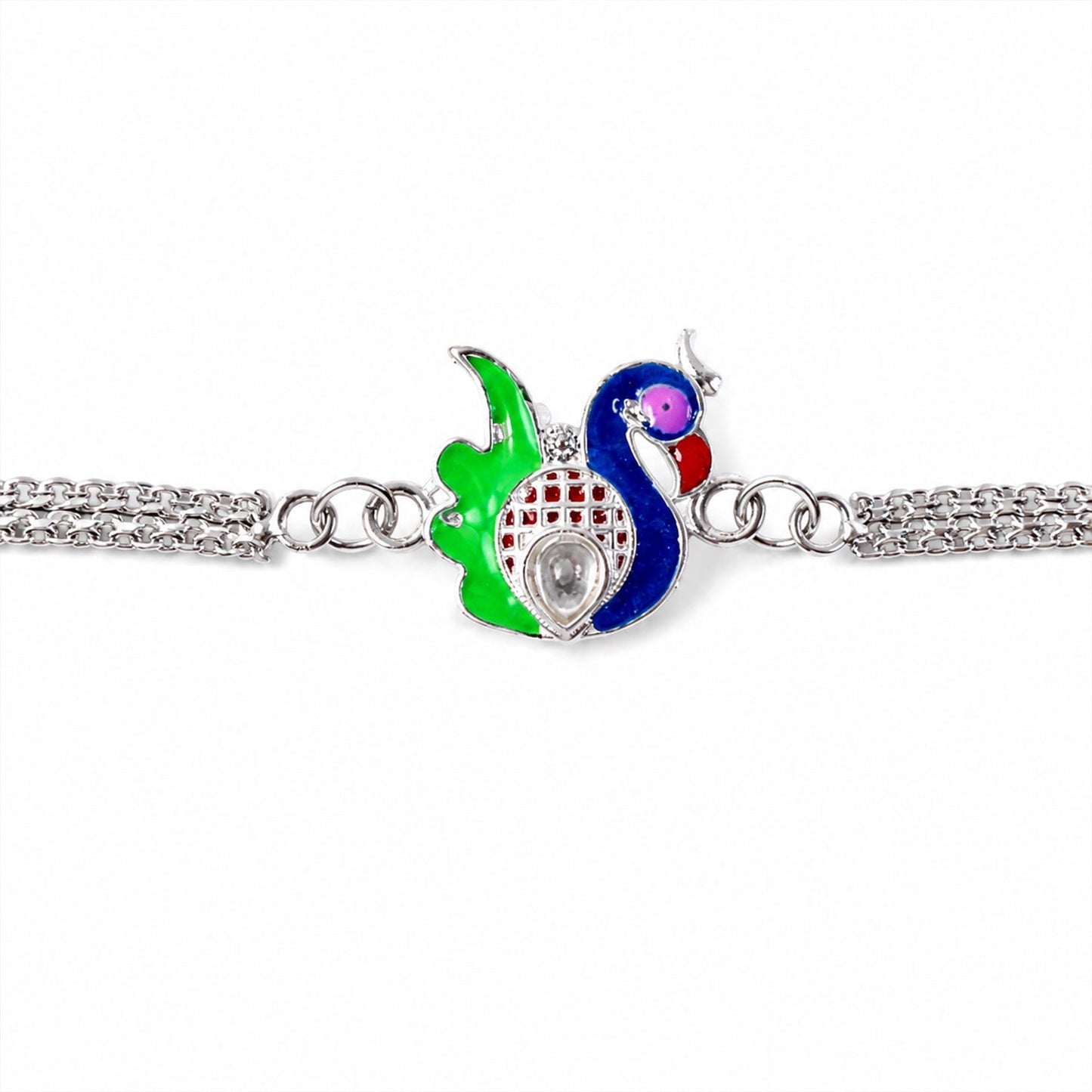 Back view of Silver Peacock Rakhi displaying thread details