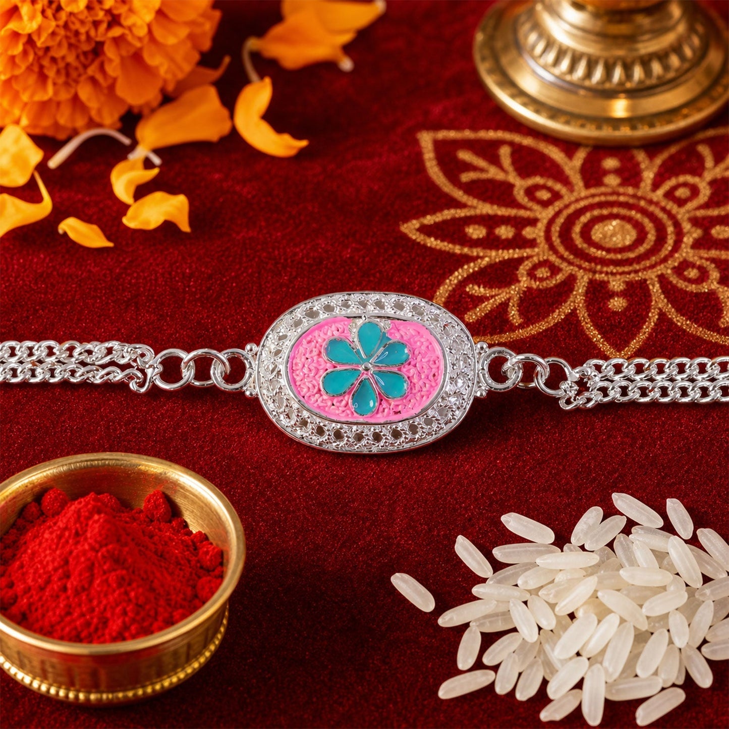 Beautiful Silver Floral AD Stone Rakhi for brothers during Rakshabandhan