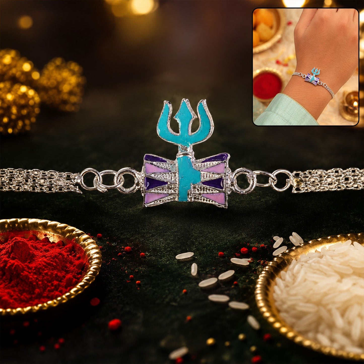 Silver Trishul Chain Rakhi with spiritual symbolism