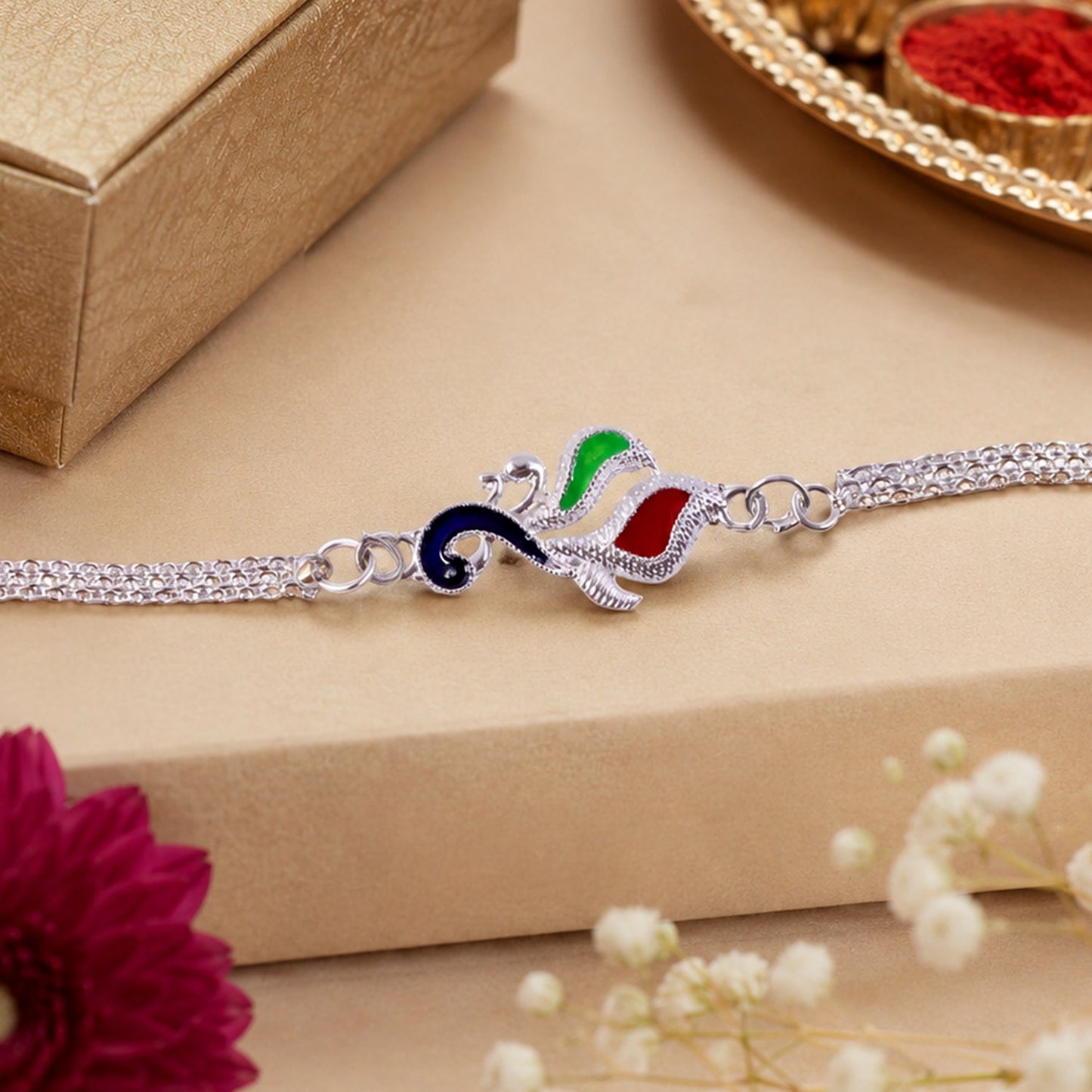 Beautiful handcrafted peacock motif Rakhi for brothers during Rakshabandhan