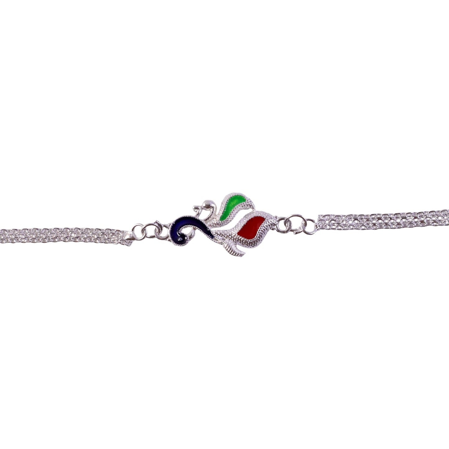 Festive Silver Peacock motif Rakhi in vibrant enamel for Raksha Bandhan
