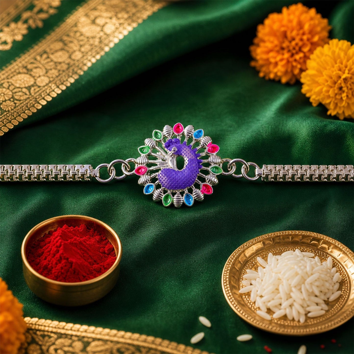 Beautifully crafted peacock meenakari work on a traditional Rakhi for brothers