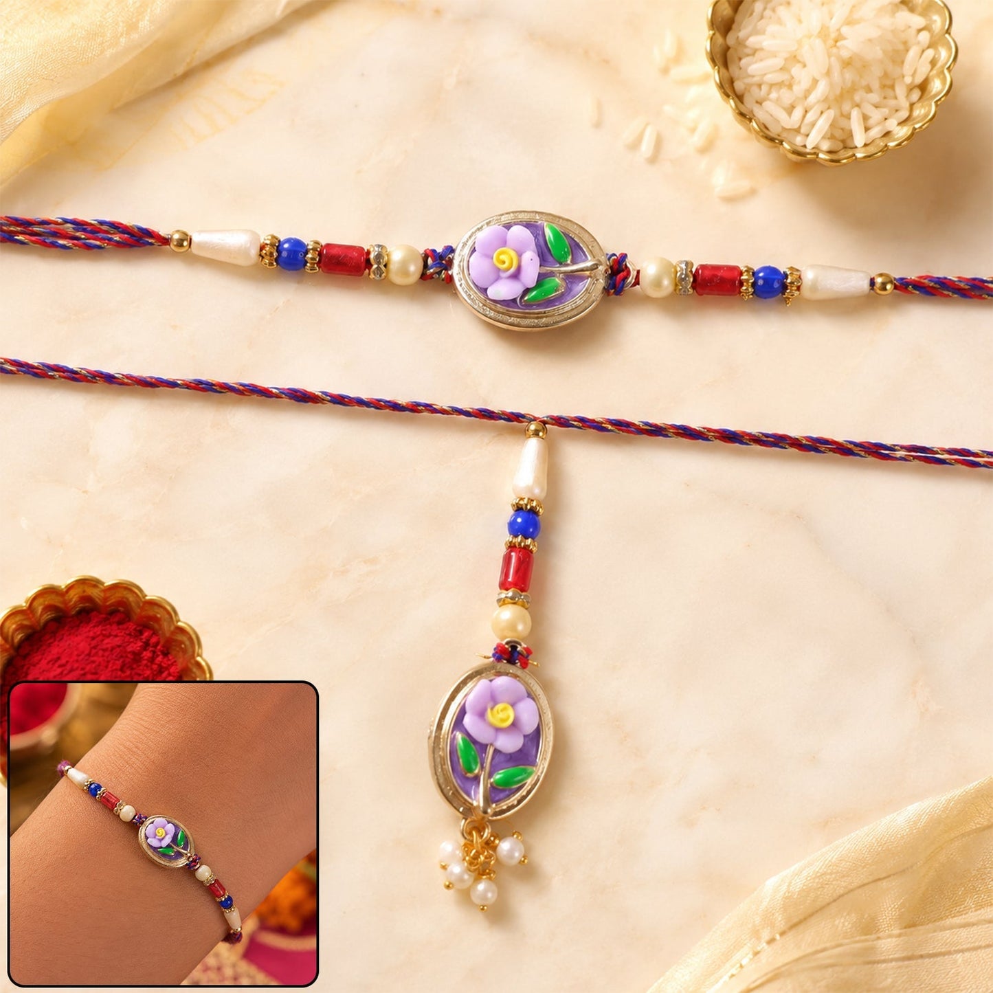 Close-up of the Floral Kundan Bhaiya Bhabhi Lumba Rakhi set showcasing intricate floral and Kundan work