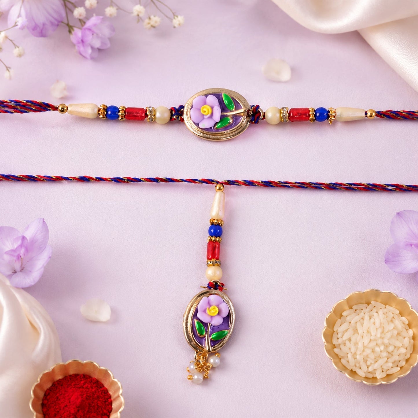 Side profile of the floral Kundan Bhaiya Bhabhi Lumba Rakhi showing craftsmanship