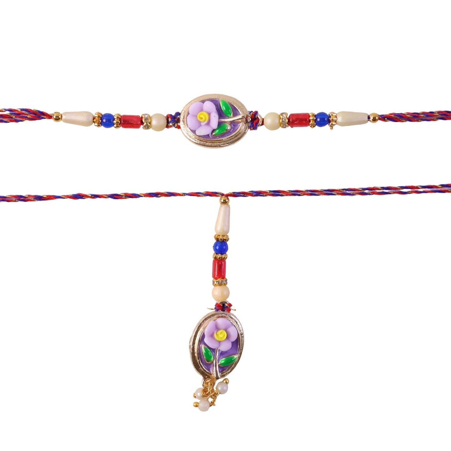 Detailed view of the Bhabhi Lumba Rakhi with floral and Kundan design