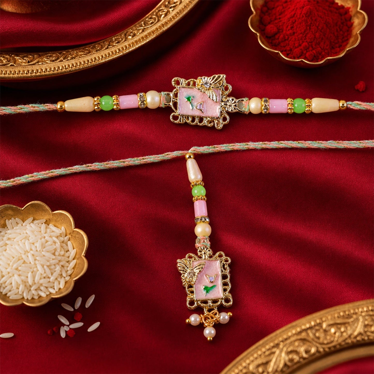 Elegant pink and pearl Rakhi with floral motifs suitable for Bhaiya and Bhabhi.