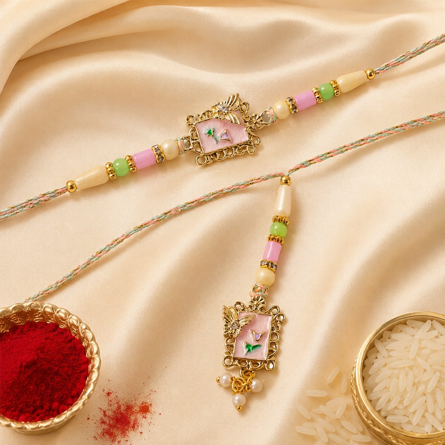 Beautiful handcrafted pink floral Kundan pearls Rakhi on display.