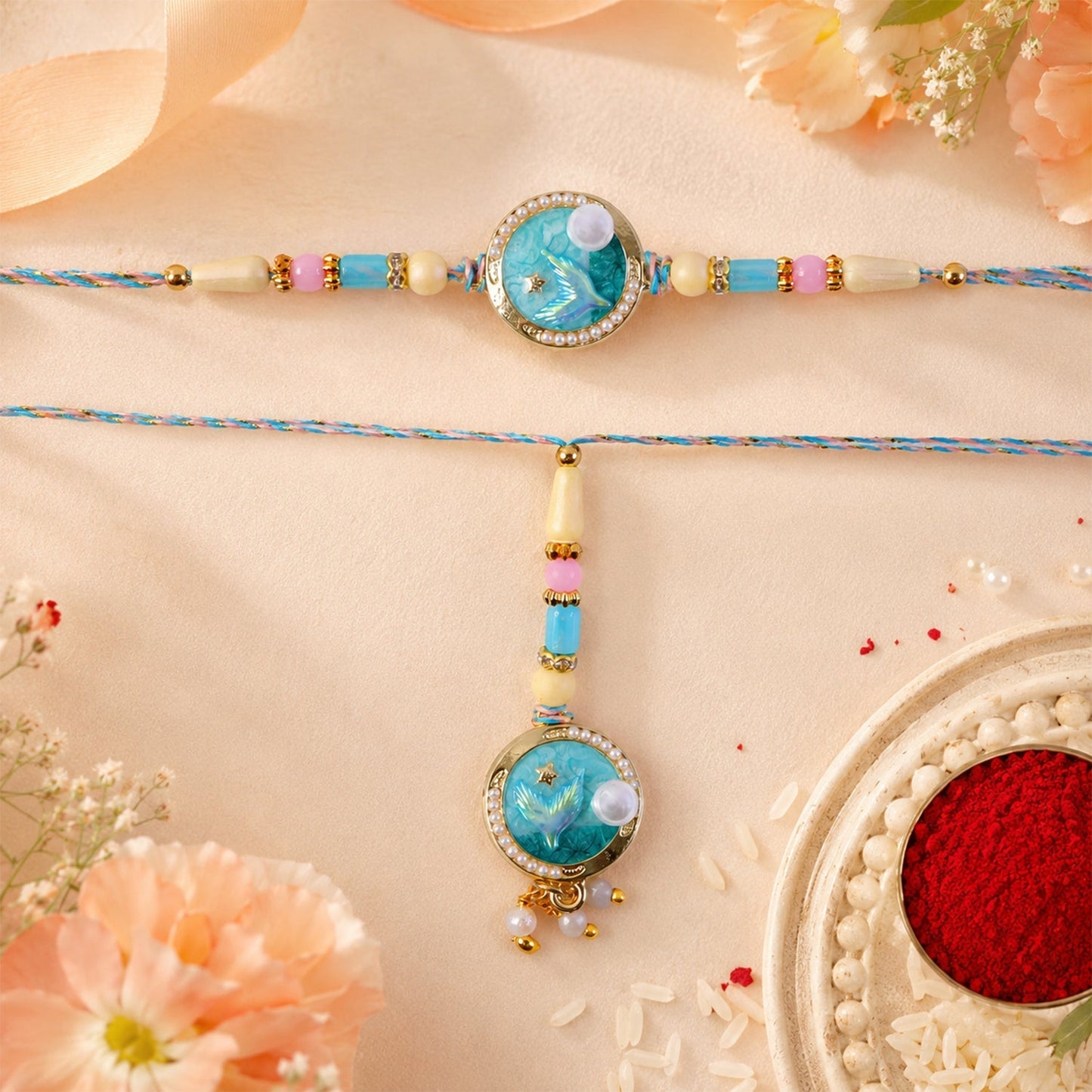 Stylish Blue Floral Kundan Pearls Lumba Rakhi on wrist with festive decor.