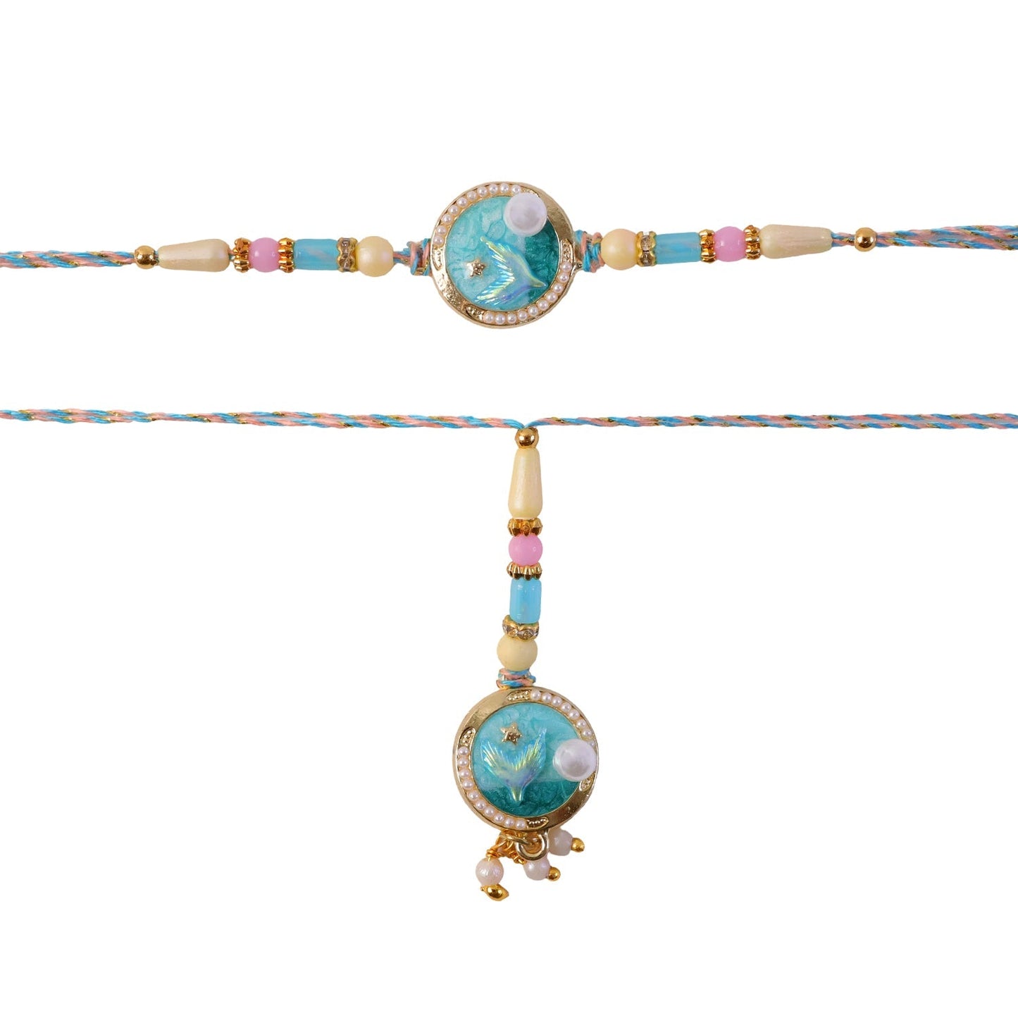 Vibrant Blue Floral Kundan Pearls Lumba Rakhi for Rakshabandhan celebration.