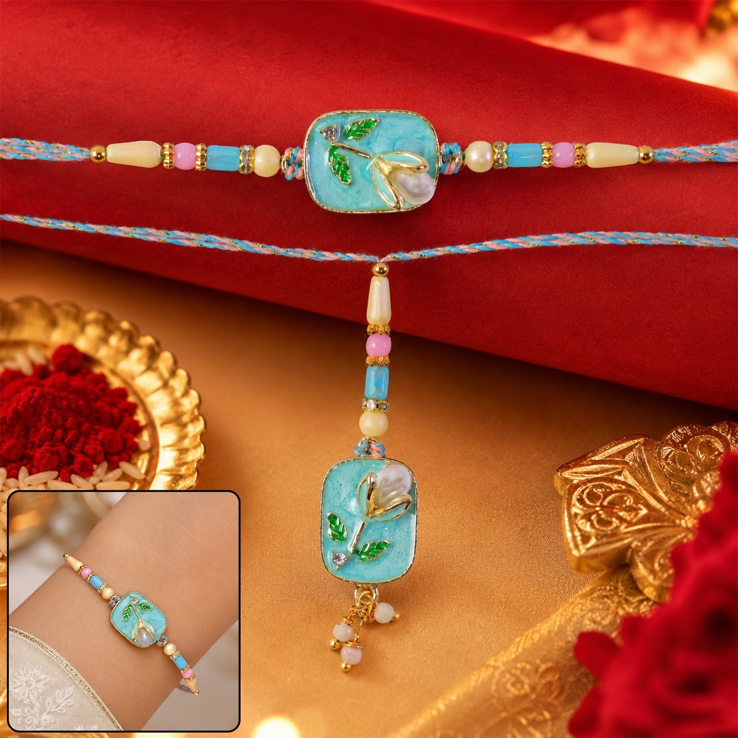 Elegant teal stone and pearl Rakhi with traditional style