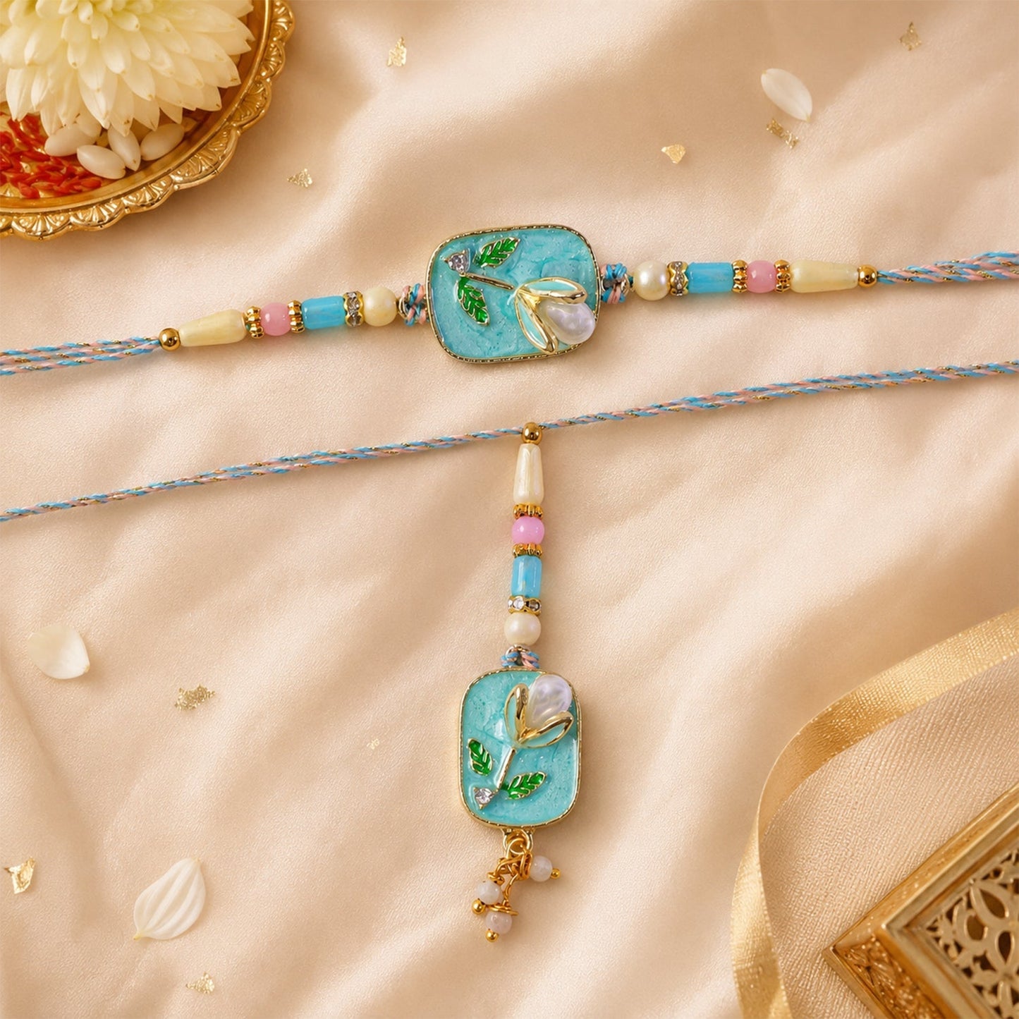 Festive Teal Stone Pearl Rakhi suitable for Raksha Bandhan