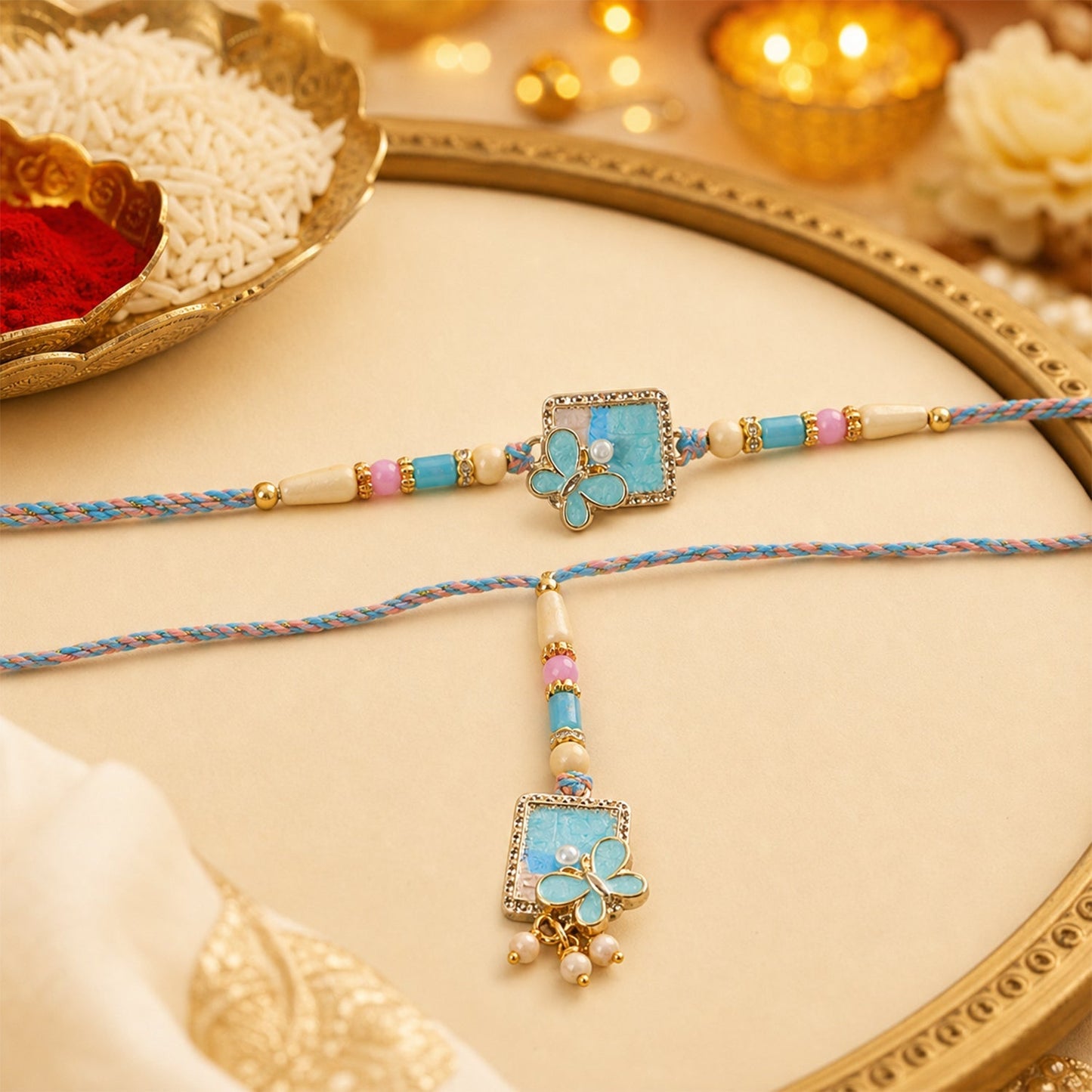 Turquoise floral Bhaiya Bhabhi Lumba Rakhi with pearls, angled view