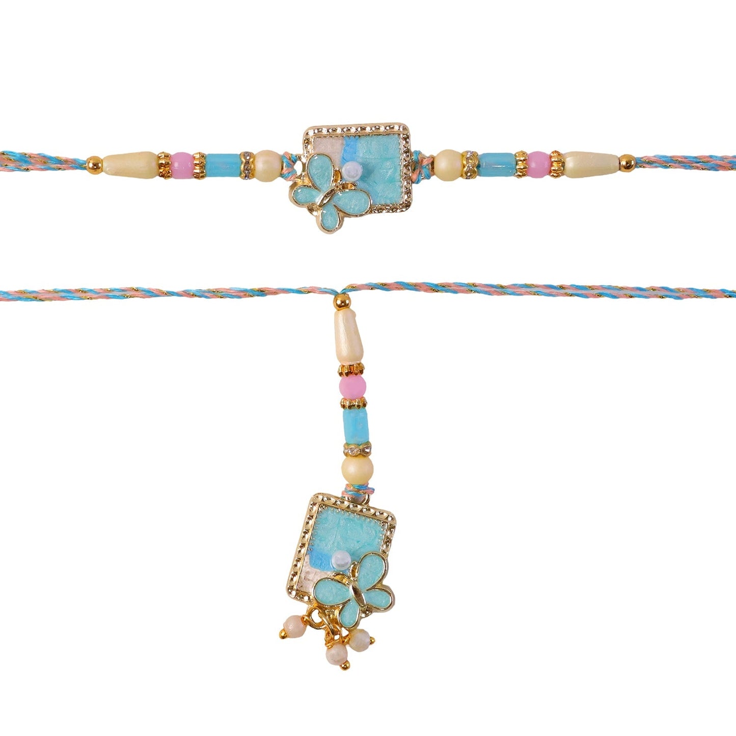 Worn turquoise floral Lumba Rakhi on wrist, stylish and elegant