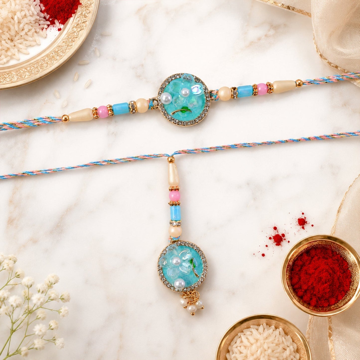 Stylish teal floral pearl Rakhi with traditional design elements
