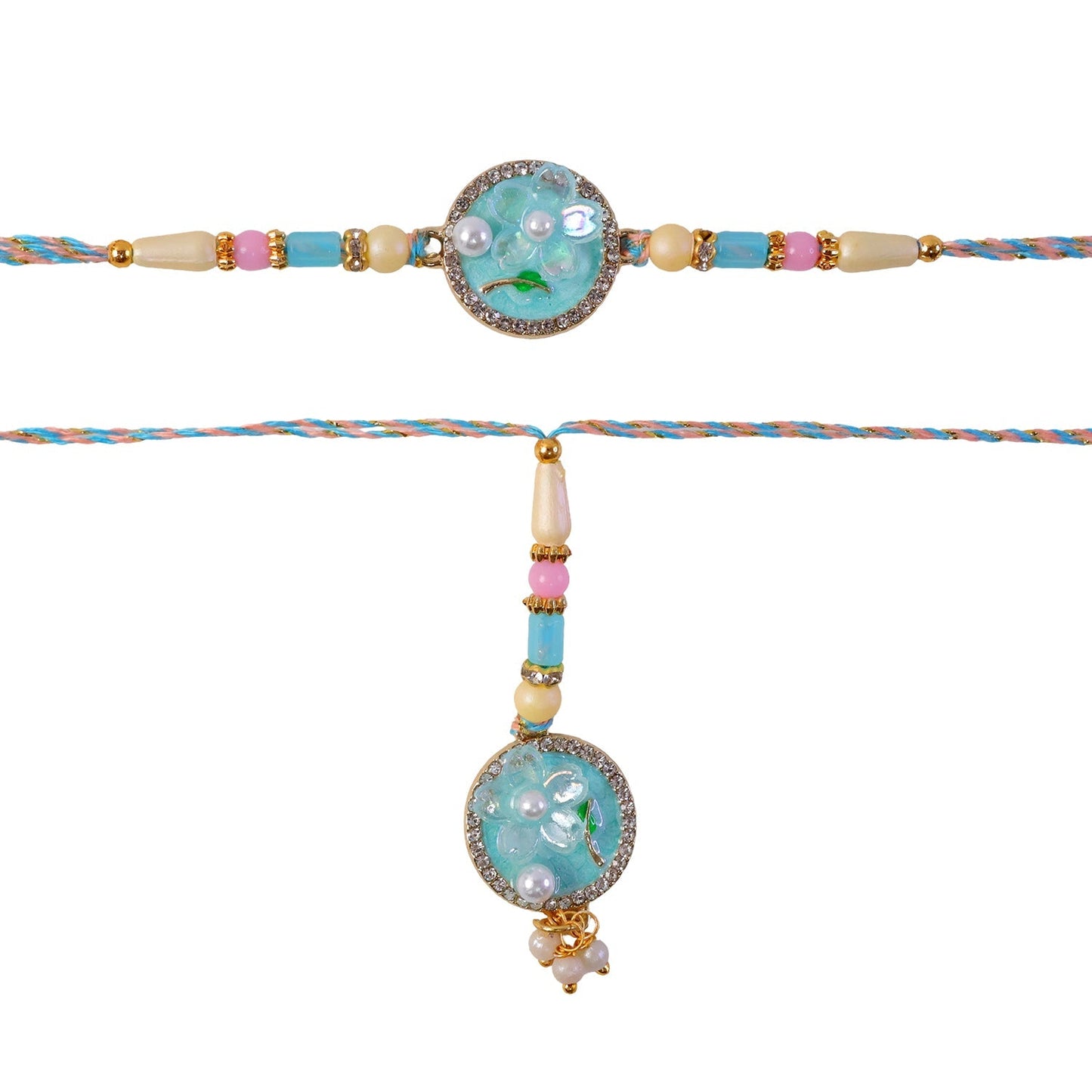 Beautiful teal floral Rakhi with pearl drops and festive aesthetics