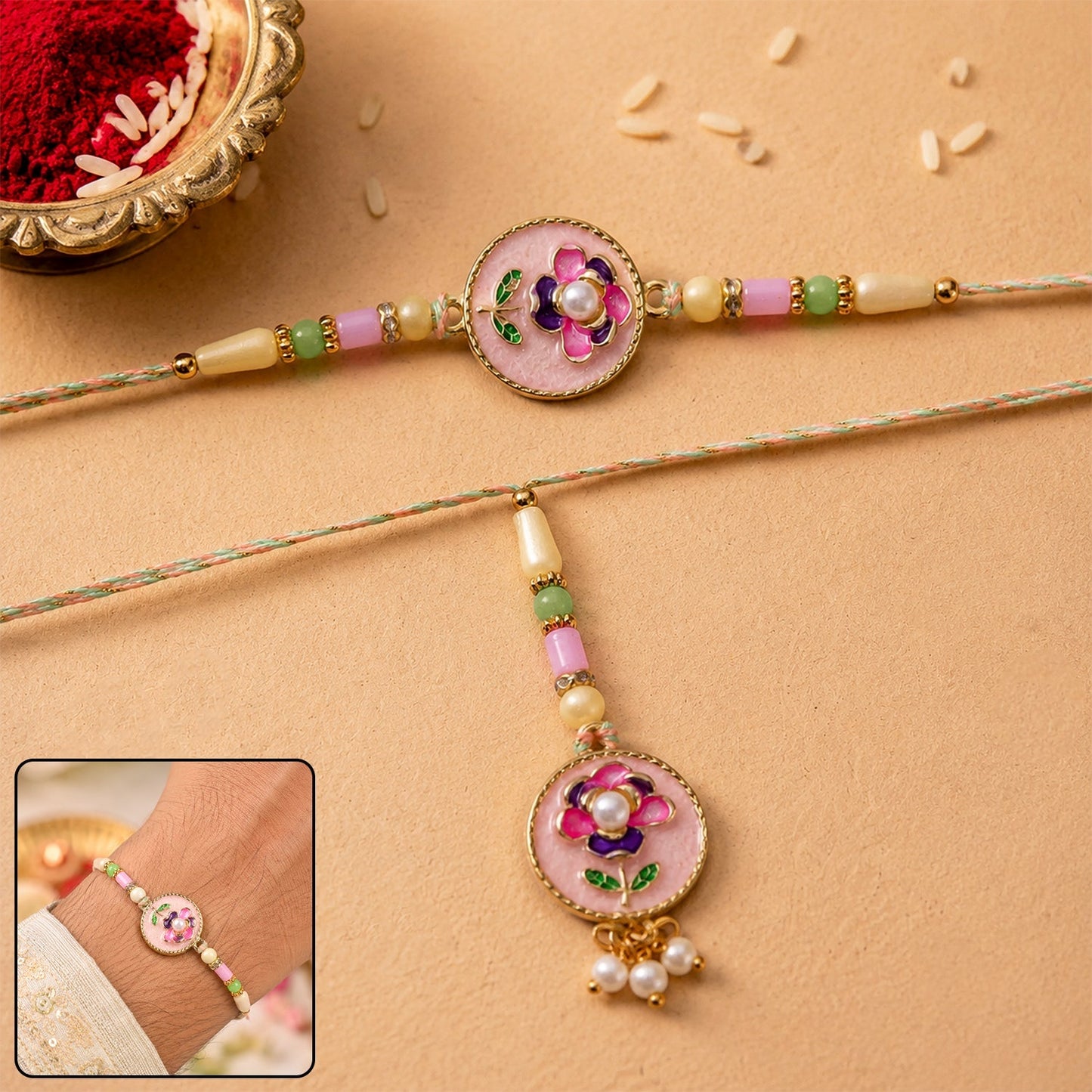 Pink floral Kundan pearls Bhabhi Lumba Rakhi for Raksha Bandhan, traditional design