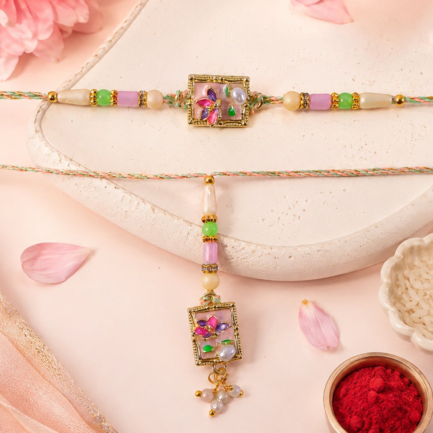 Green Floral Kundan Lumba Rakhi with pearls, front view